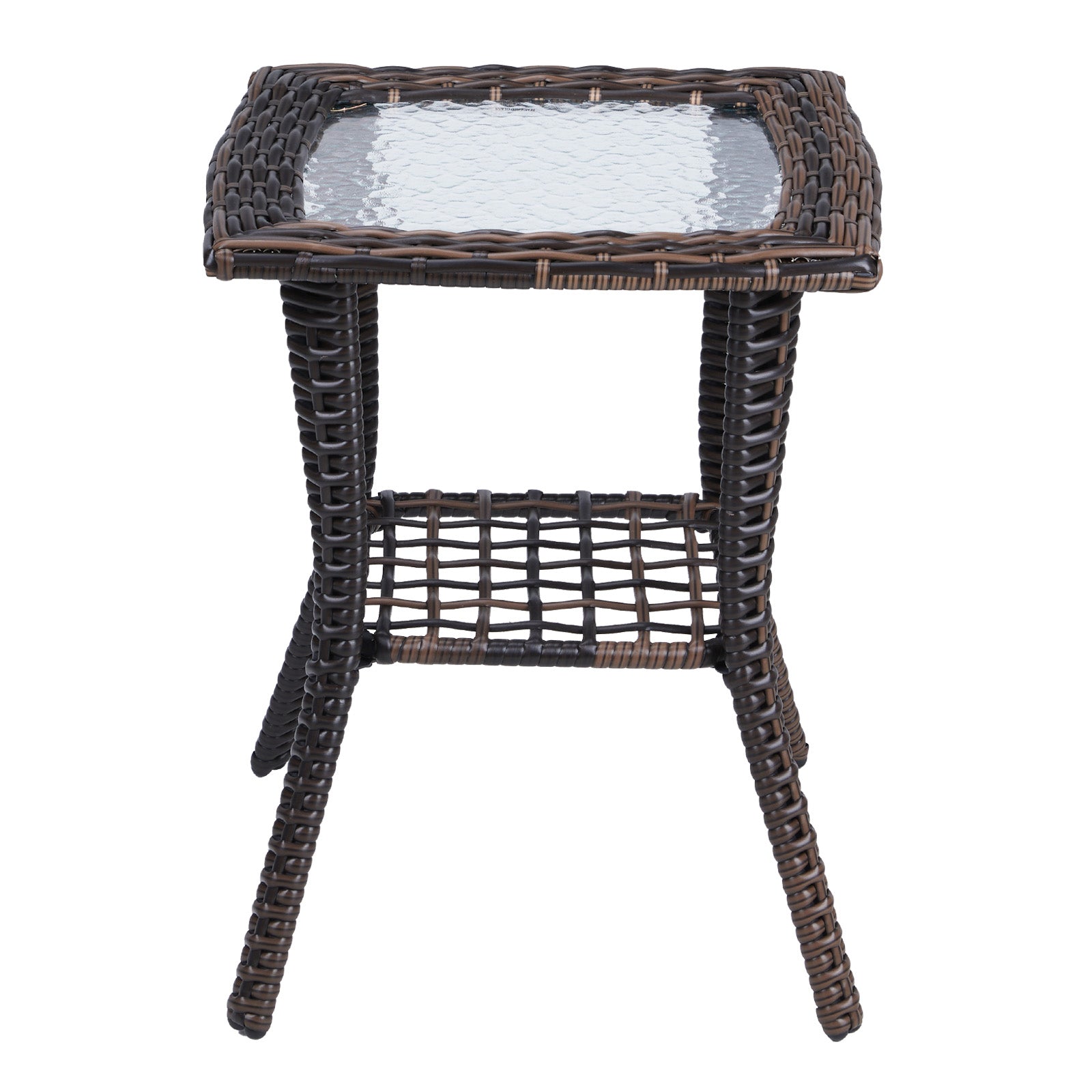 Outdoor Wicker Side Table, Rattan End Table with Glass Top, Patio Coffee Bistro Table for Indoor Garden Porch Balcony, Brown