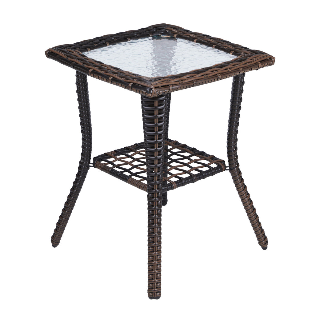 Outdoor Wicker Side Table, Rattan End Table with Glass Top, Patio Coffee Bistro Table for Indoor Garden Porch Balcony, Brown