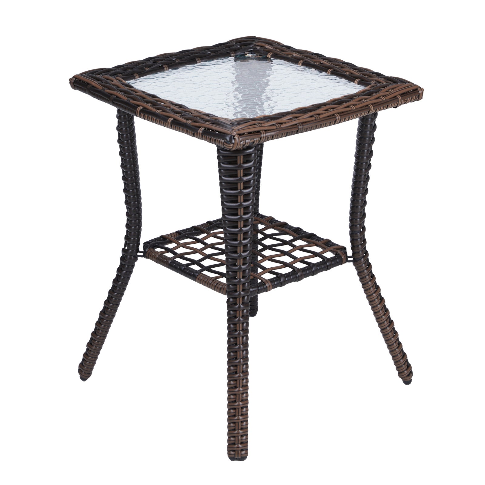 Outdoor Wicker Side Table, Rattan End Table with Glass Top, Patio Coffee Bistro Table for Indoor Garden Porch Balcony, Brown