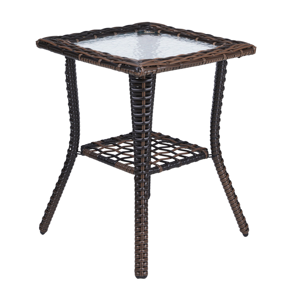 Outdoor Wicker Side Table, Rattan End Table with Glass Top, Patio Coffee Bistro Table for Indoor Garden Porch Balcony, Brown