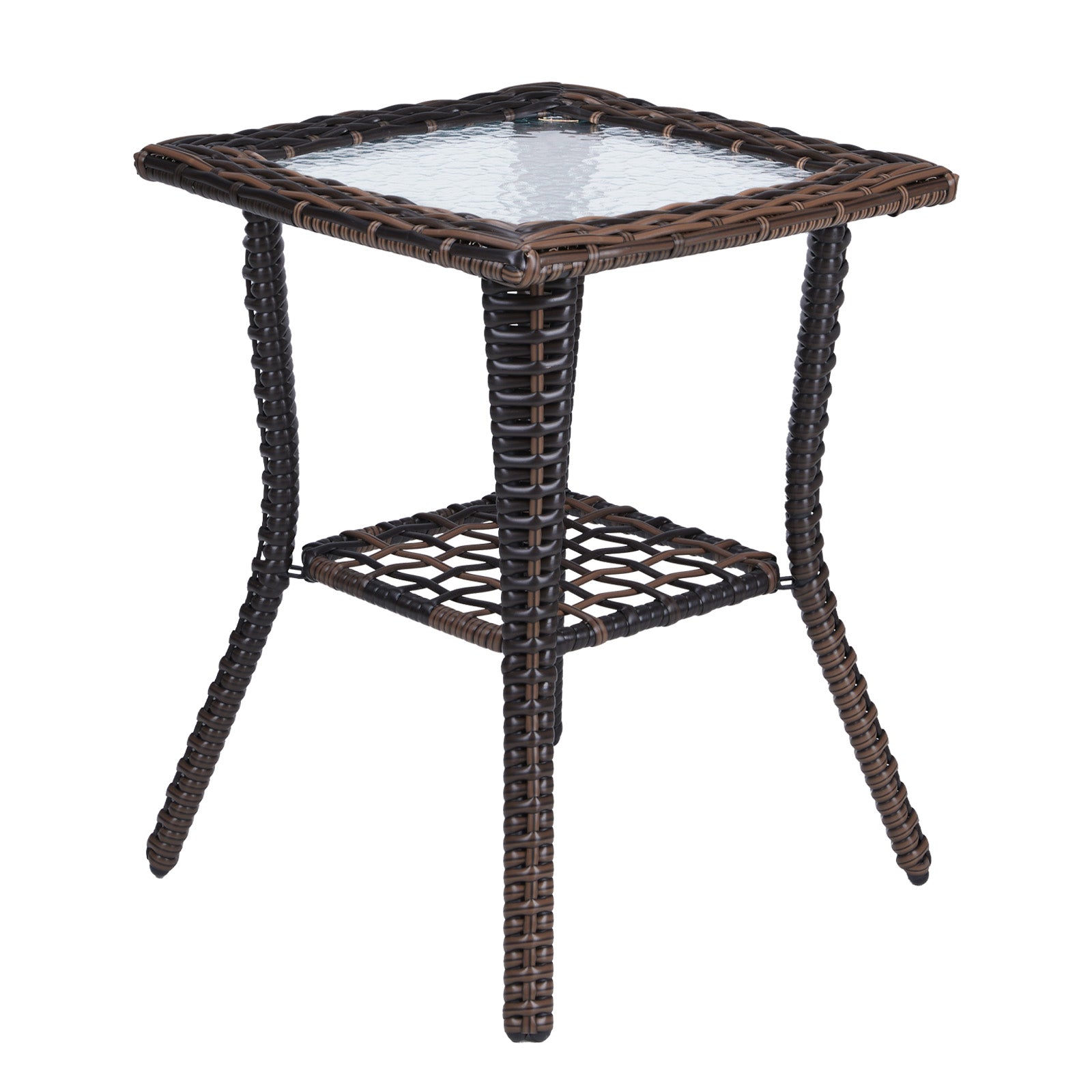 Outdoor Wicker Side Table, Rattan End Table with Glass Top, Patio Coffee Bistro Table for Indoor Garden Porch Balcony, Brown