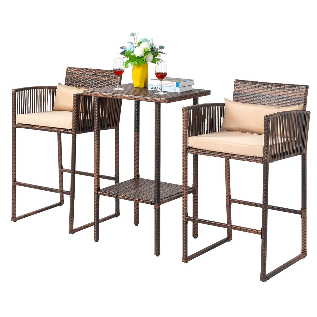 Outdoor 3 Piece Patio Bar Set, Bar Height Bistro Table Set for 2 People, High Top Wicker Bar Stools and Table Outdoor Bar Set with Cushions and Pillows, Brown Gradient Rattan & Beige Cushion