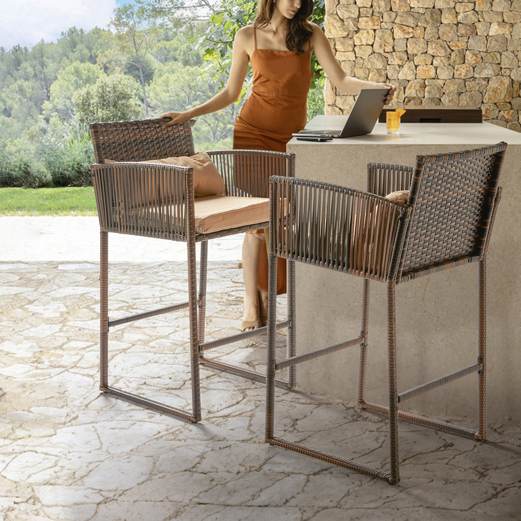 Outdoor 3 Piece Patio Bar Set, Bar Height Bistro Table Set for 2 People, High Top Wicker Bar Stools and Table Outdoor Bar Set with Cushions and Pillows, Brown Gradient Rattan & Beige Cushion