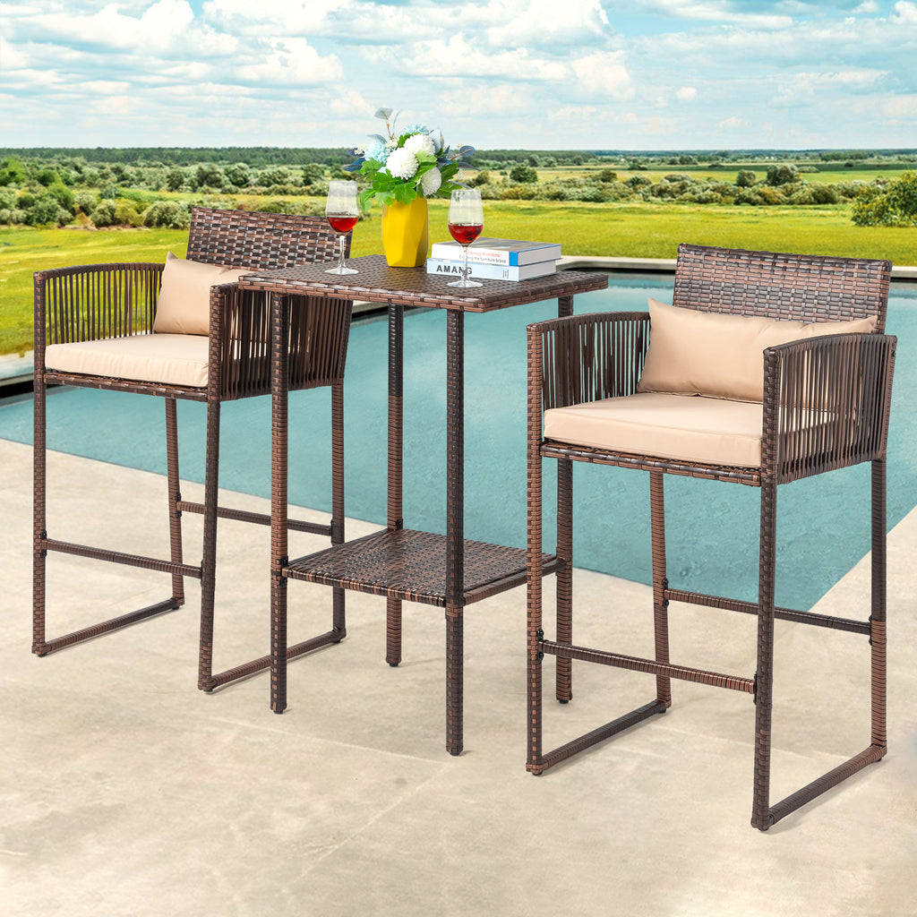 Outdoor 3 Piece Patio Bar Set, Bar Height Bistro Table Set for 2 People, High Top Wicker Bar Stools and Table Outdoor Bar Set with Cushions and Pillows, Brown Gradient Rattan & Beige Cushion