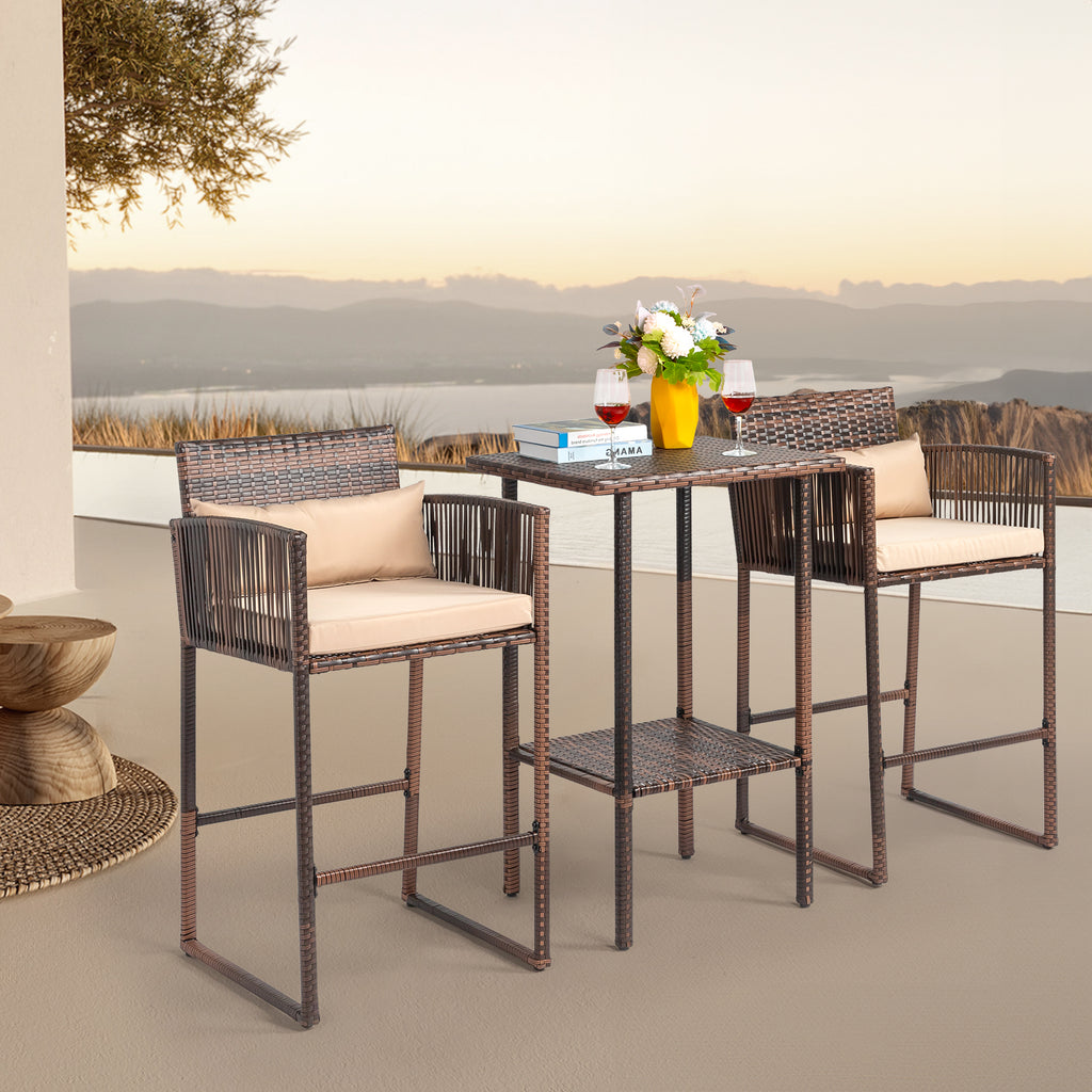 Outdoor 3 Piece Patio Bar Set, Bar Height Bistro Table Set for 2 People, High Top Wicker Bar Stools and Table Outdoor Bar Set with Cushions and Pillows, Brown Gradient Rattan & Beige Cushion