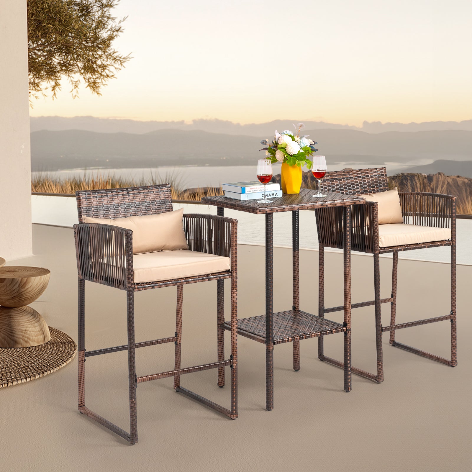 Outdoor 3 Piece Patio Bar Set, Bar Height Bistro Table Set for 2 People, High Top Wicker Bar Stools and Table Outdoor Bar Set with Cushions and Pillows, Brown Gradient Rattan & Beige Cushion