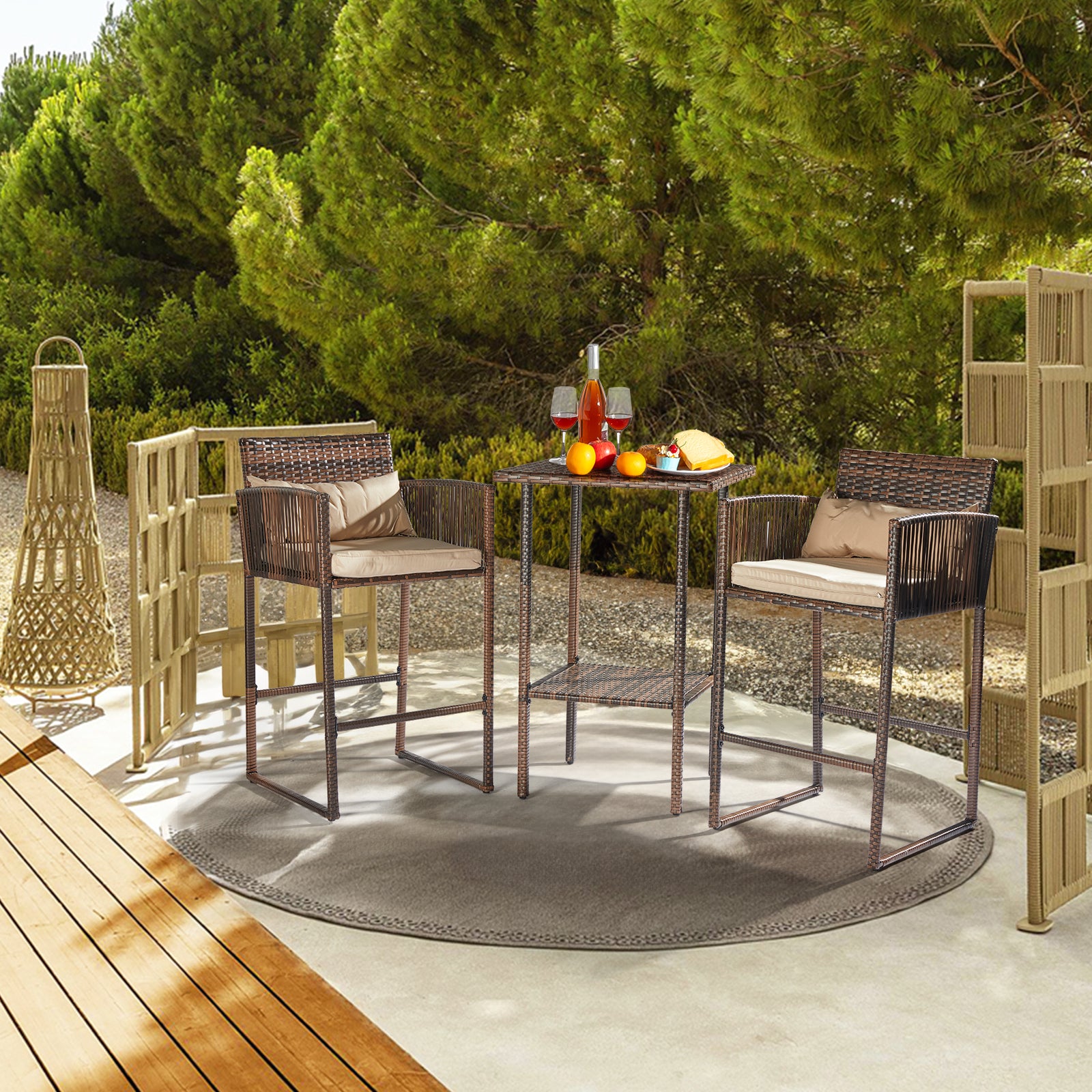Outdoor 3 Piece Patio Bar Set, Bar Height Bistro Table Set for 2 People, High Top Wicker Bar Stools and Table Outdoor Bar Set with Cushions and Pillows, Brown Gradient Rattan & Beige Cushion