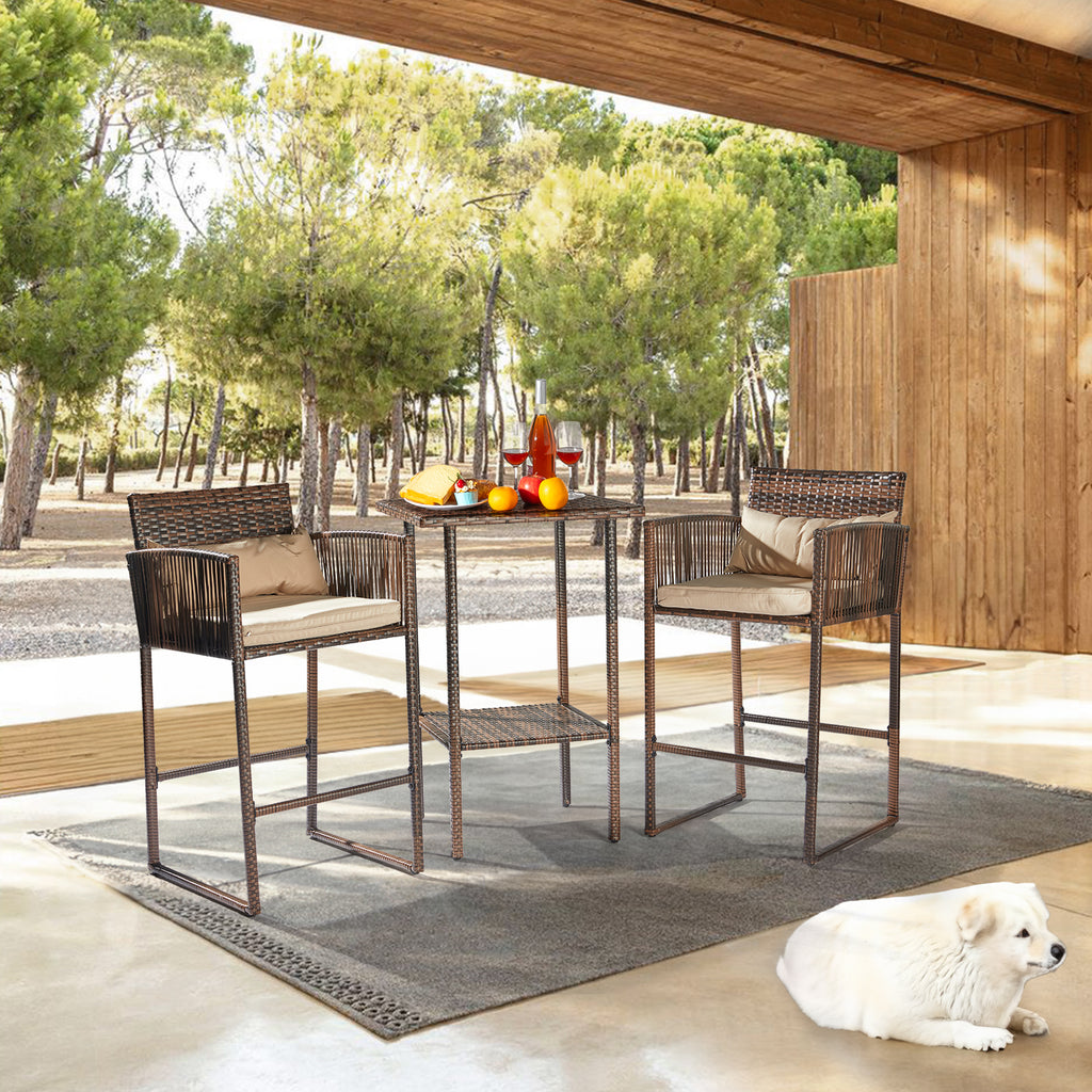 Outdoor 3 Piece Patio Bar Set, Bar Height Bistro Table Set for 2 People, High Top Wicker Bar Stools and Table Outdoor Bar Set with Cushions and Pillows, Brown Gradient Rattan & Beige Cushion