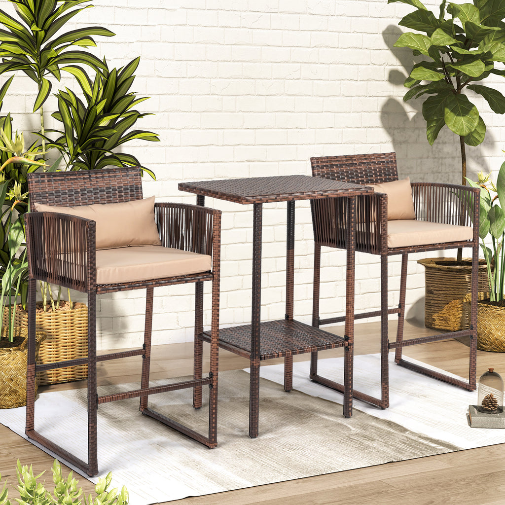 Outdoor 3 Piece Patio Bar Set, Bar Height Bistro Table Set for 2 People, High Top Wicker Bar Stools and Table Outdoor Bar Set with Cushions and Pillows, Brown Gradient Rattan & Beige Cushion
