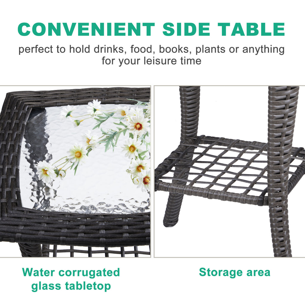 Outdoor Wicker Side Table, Rattan End Table with Glass Top, Patio Coffee Bistro Table for Indoor Garden Porch Balcony, Grey