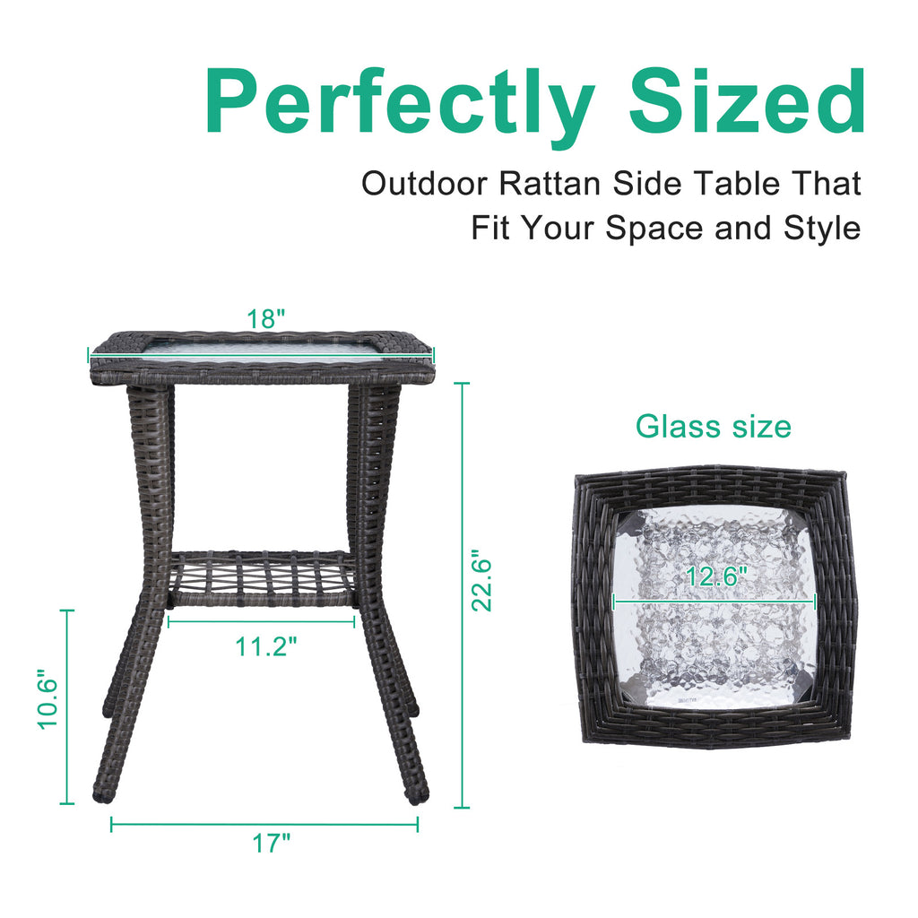 Outdoor Wicker Side Table, Rattan End Table with Glass Top, Patio Coffee Bistro Table for Indoor Garden Porch Balcony, Grey