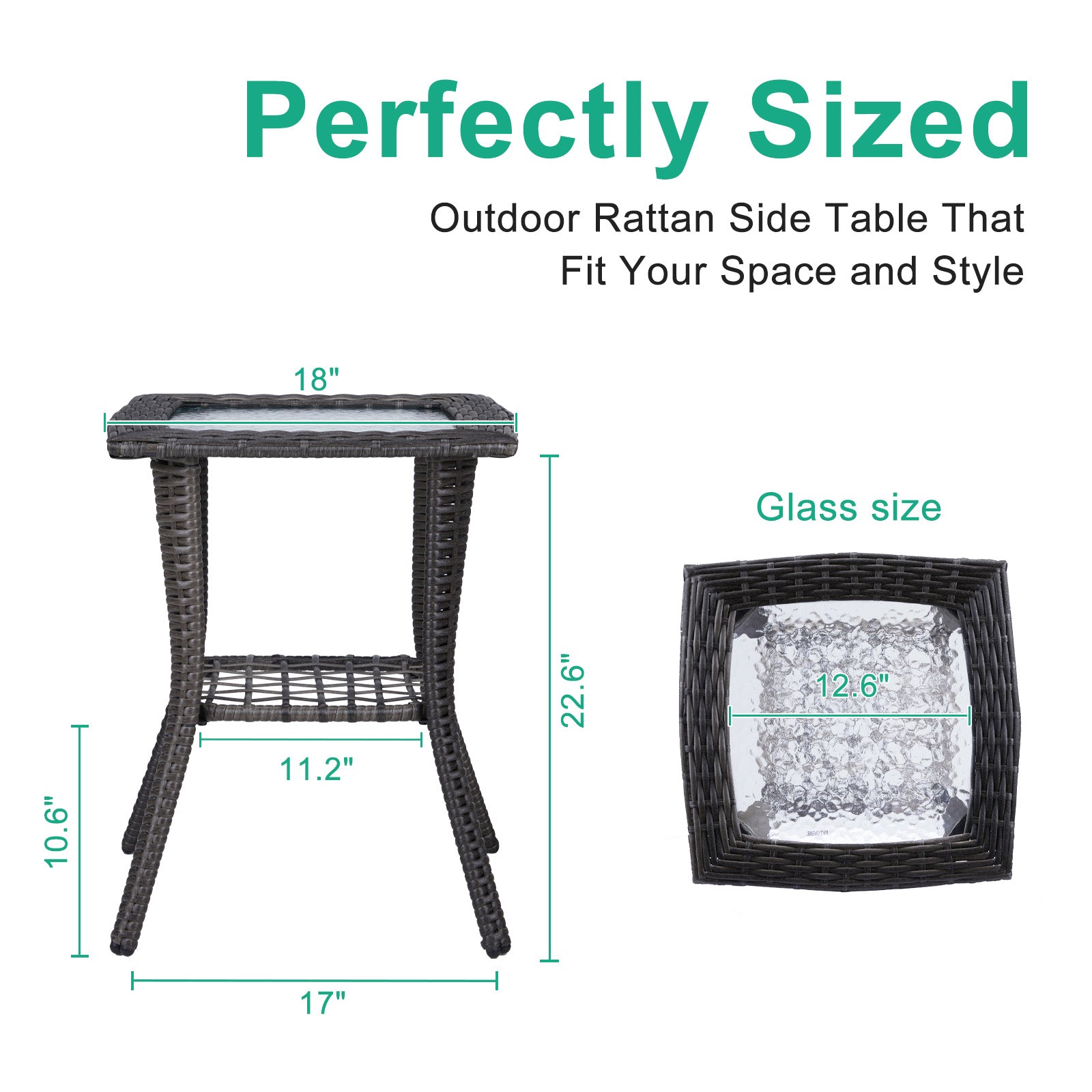 Outdoor Wicker Side Table, Rattan End Table with Glass Top, Patio Coffee Bistro Table for Indoor Garden Porch Balcony, Grey