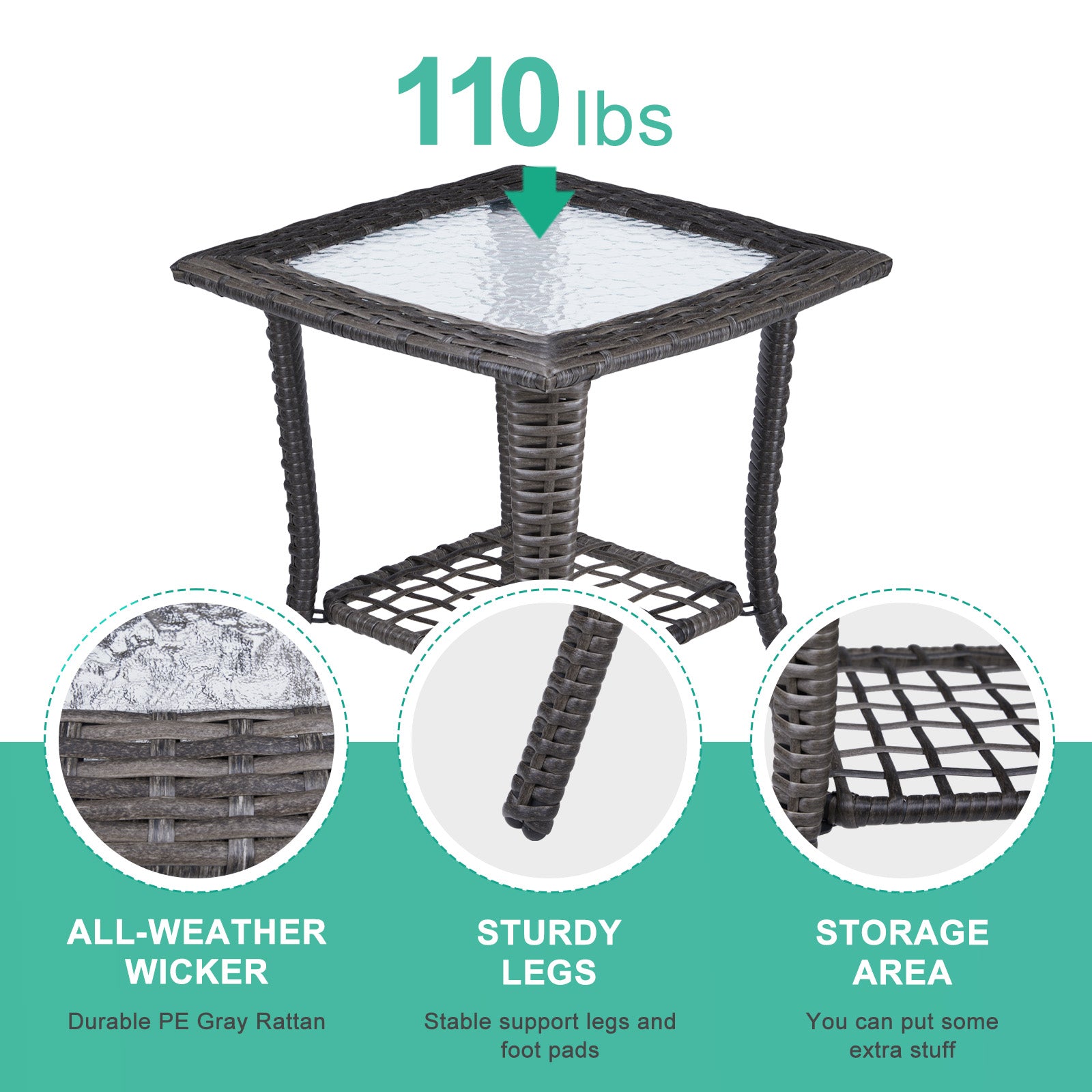 Outdoor Wicker Side Table, Rattan End Table with Glass Top, Patio Coffee Bistro Table for Indoor Garden Porch Balcony, Grey