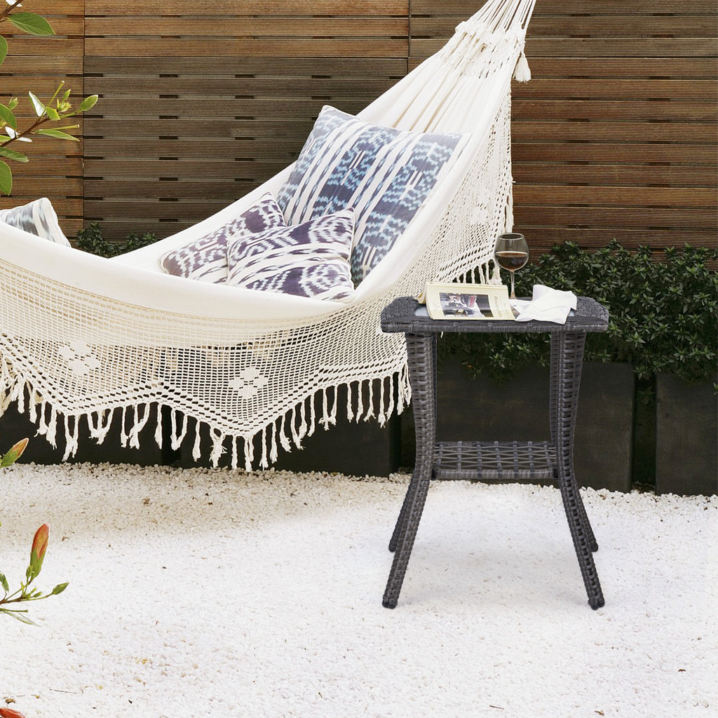 Outdoor Wicker Side Table, Rattan End Table with Glass Top, Patio Coffee Bistro Table for Indoor Garden Porch Balcony, Grey