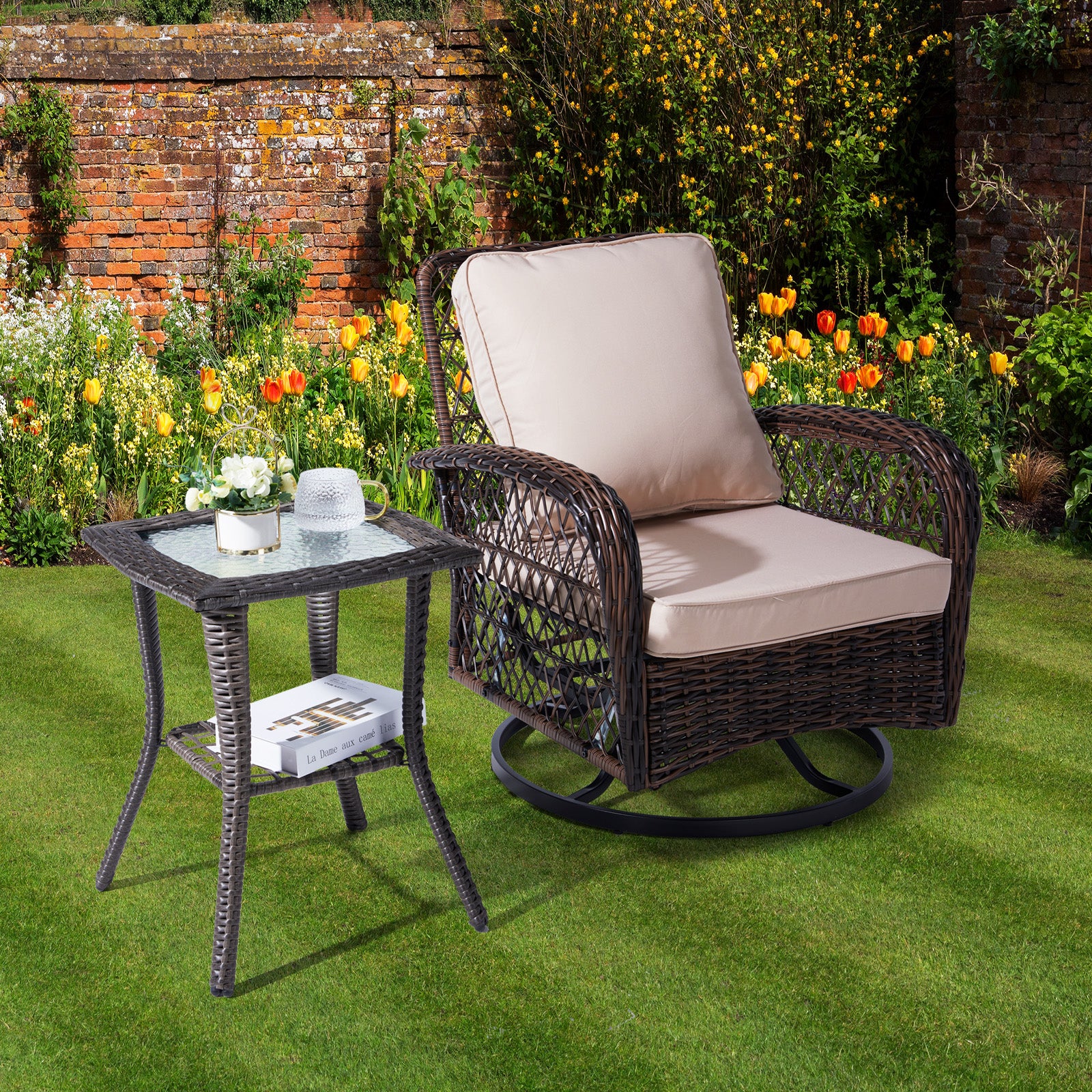 Outdoor Wicker Side Table, Rattan End Table with Glass Top, Patio Coffee Bistro Table for Indoor Garden Porch Balcony, Grey