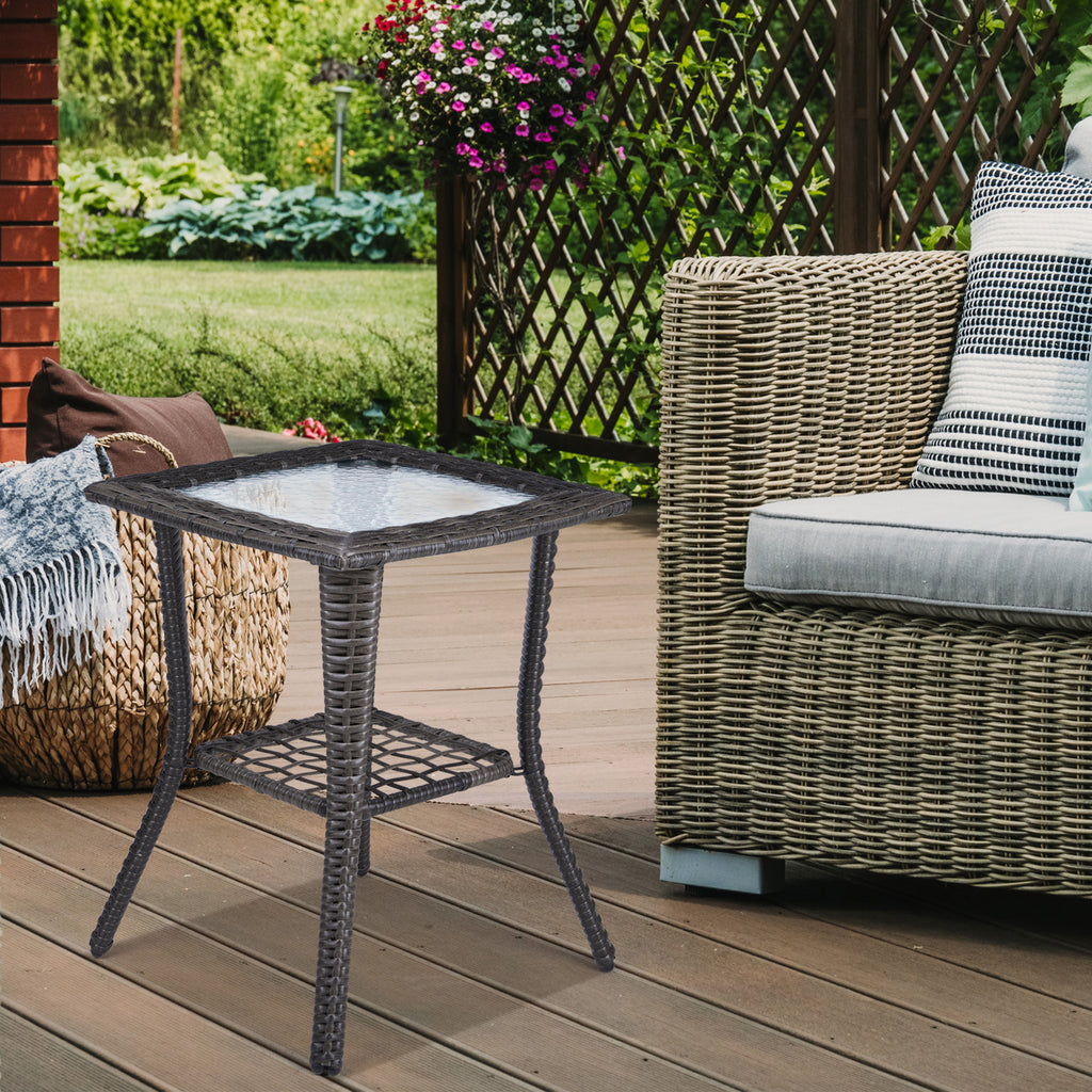 Outdoor Wicker Side Table, Rattan End Table with Glass Top, Patio Coffee Bistro Table for Indoor Garden Porch Balcony, Grey
