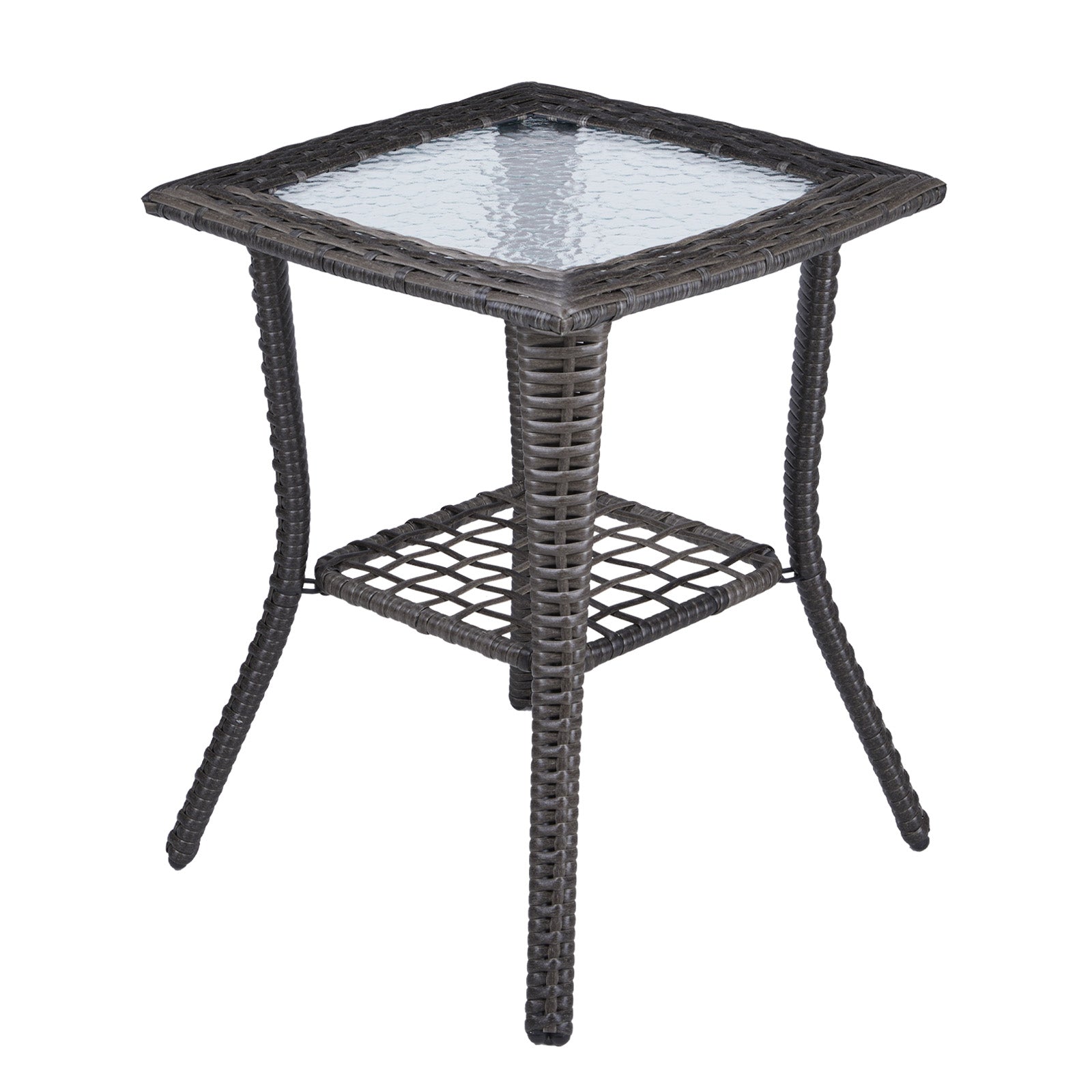 Outdoor Wicker Side Table, Rattan End Table with Glass Top, Patio Coffee Bistro Table for Indoor Garden Porch Balcony, Grey