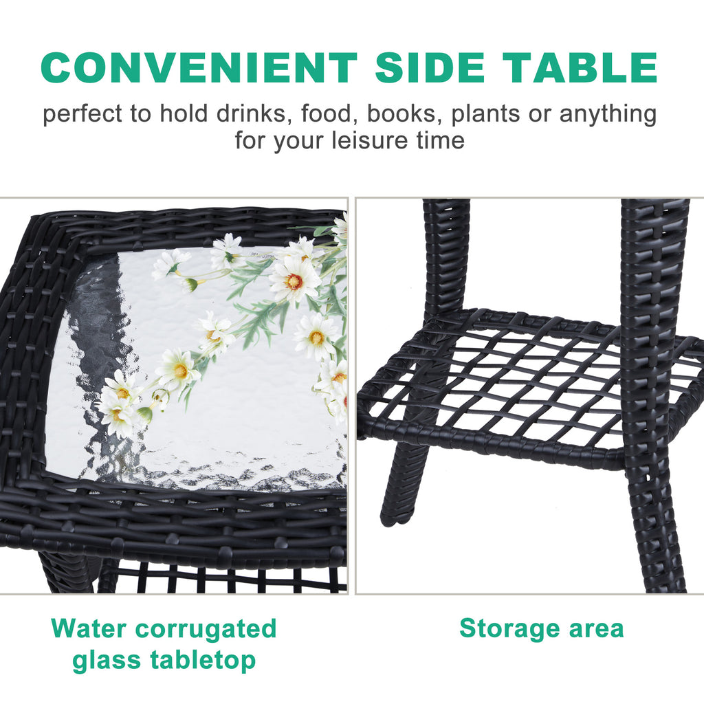 Outdoor Wicker Side Table, Rattan End Table with Glass Top, Patio Coffee Bistro Table for Indoor Garden Porch Balcony, Black