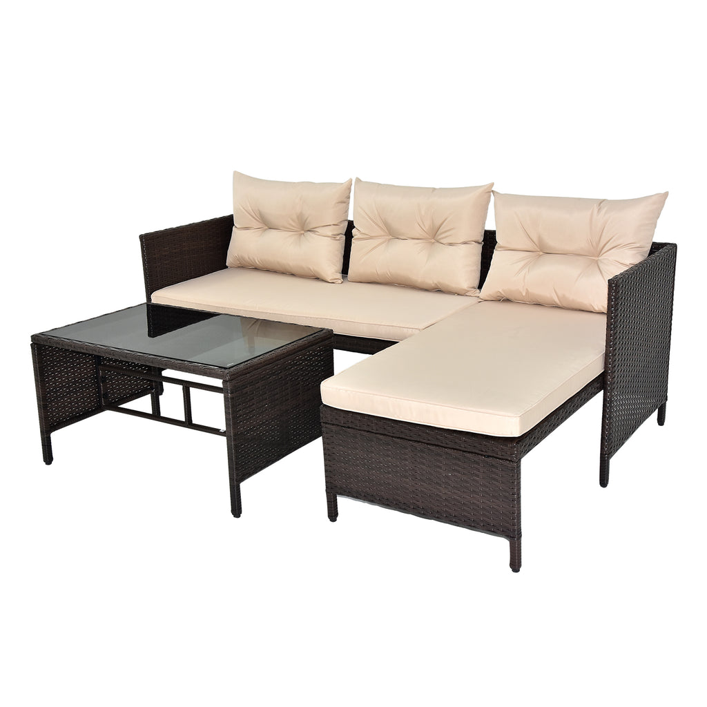 3 Piece Outdoor PE Rattan Furniture Set, Patio Black Wicker Conversation Loveseat Sofa Sectional Couch Khaki Cushion