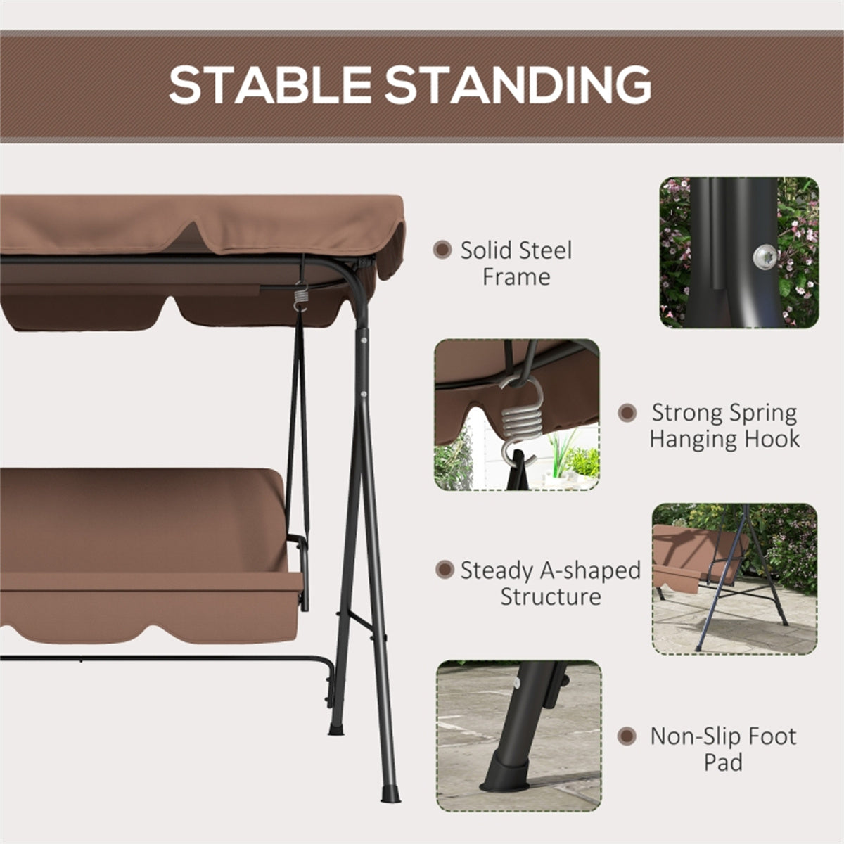 3-Seat Outdoor Patio Swing Chair-Brown  ( Amazon Shipping)（ Prohibited by WalMart ）