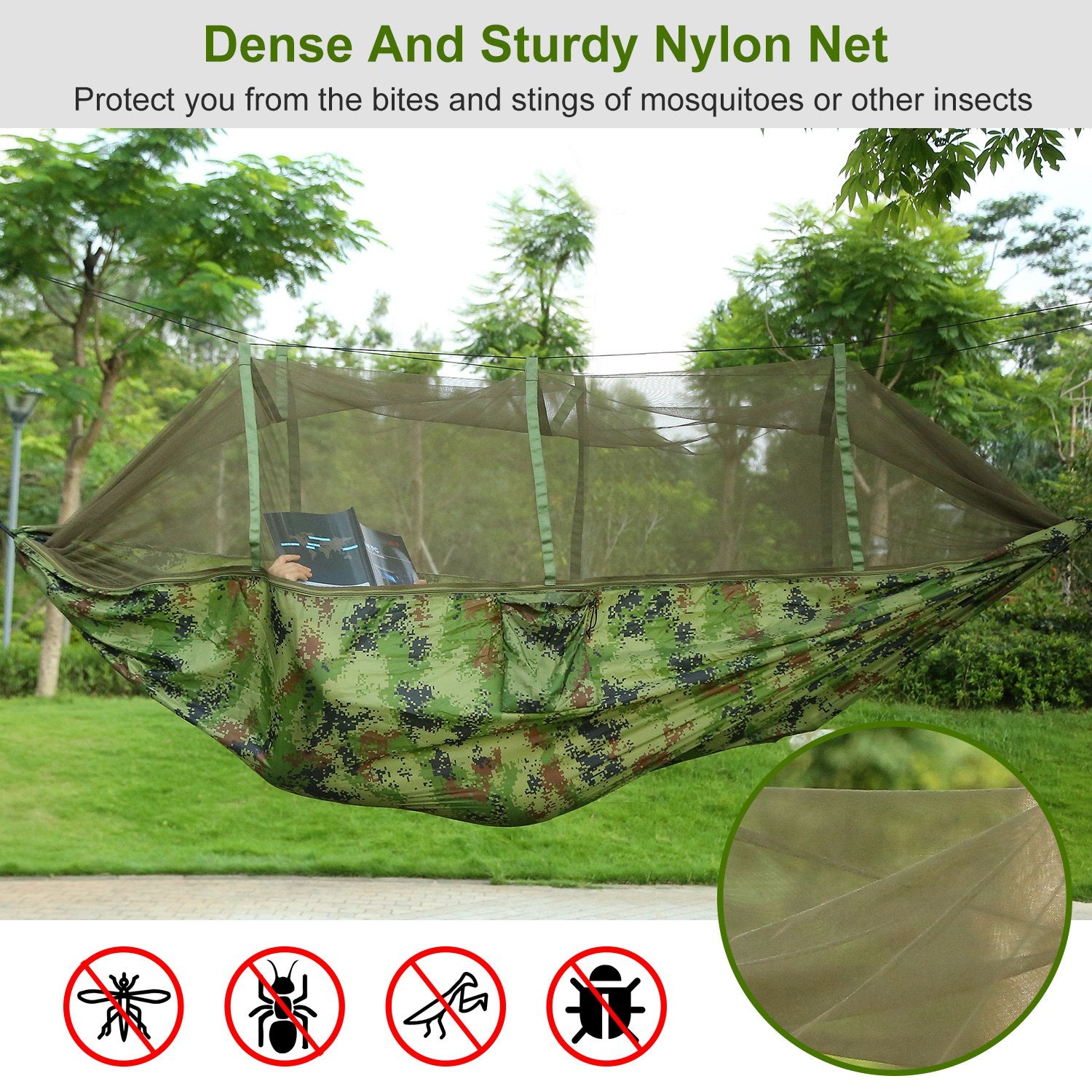 Camping Hammock, Portable Double Hammock with Net,600lbs Load 2 Persons Hammock w/Mosquito Net Outdoor Hiking Camping Hommock Portable Nylon Swing Hanging Bed w/ Strap Hook Carry Bag