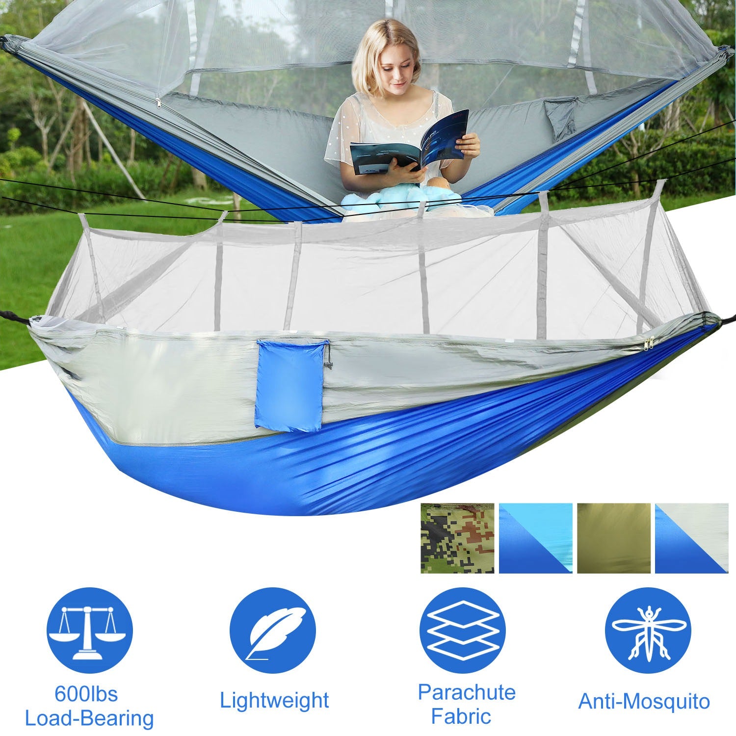 Camping Hammock, Portable Double Hammock with Net,600lbs Load 2 Persons Hammock w/Mosquito Net Outdoor Hiking Camping Hommock Portable Nylon Swing Hanging Bed w/ Strap Hook Carry Bag