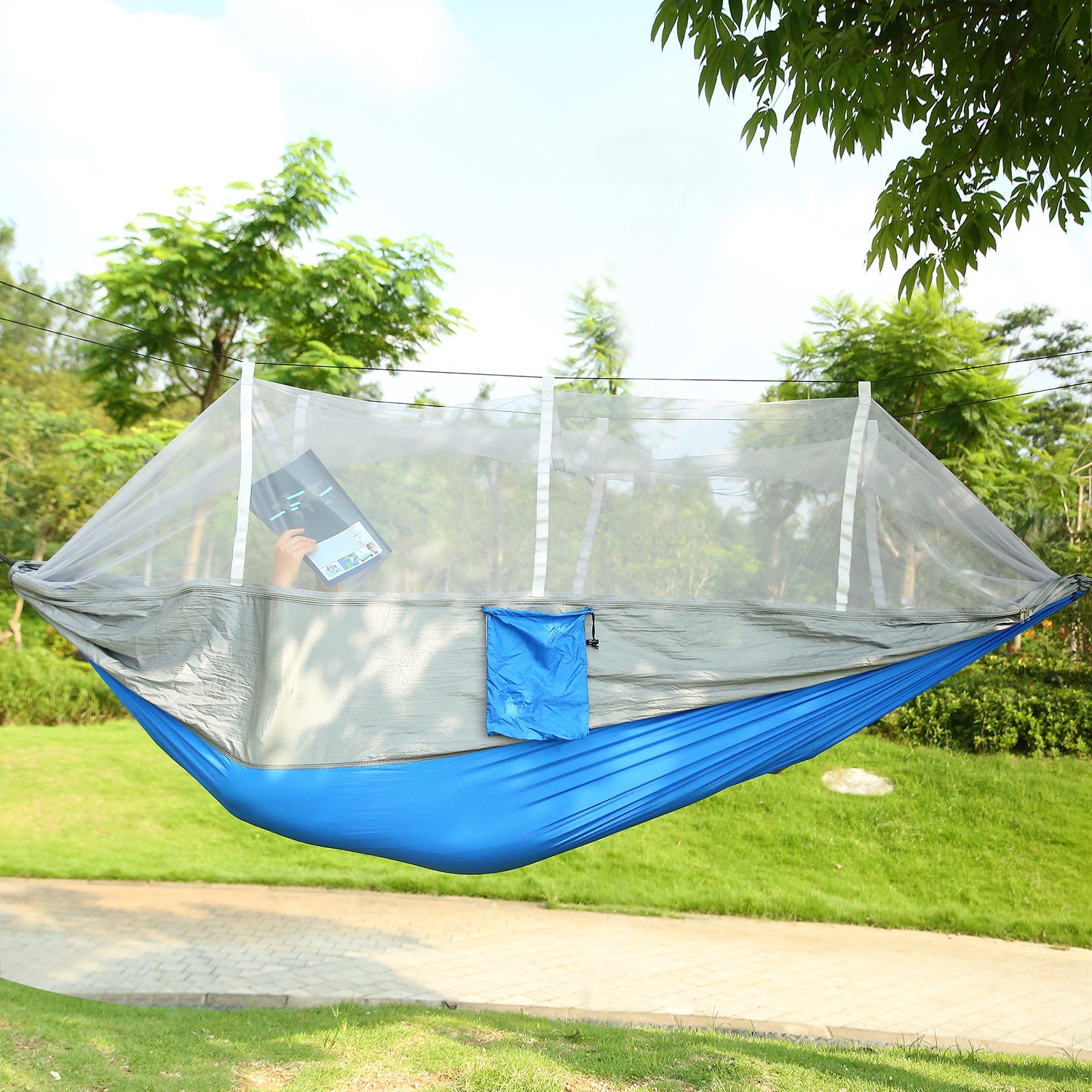 Camping Hammock, Portable Double Hammock with Net,600lbs Load 2 Persons Hammock w/Mosquito Net Outdoor Hiking Camping Hommock Portable Nylon Swing Hanging Bed w/ Strap Hook Carry Bag
