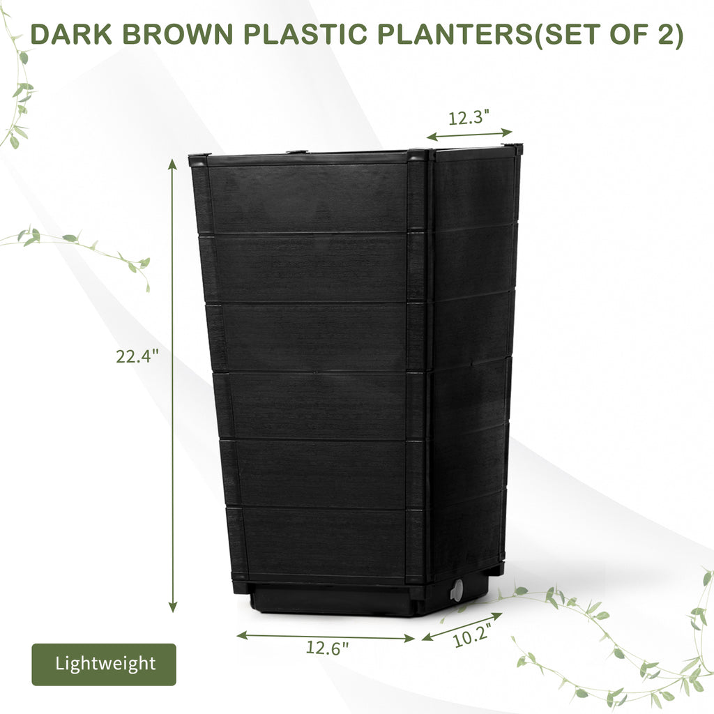 2 Pack Outdoor Tall Plastic Planter Set, Large Flower Pots with Drainage Holes, Durable Plant Pots for Porch Entryway Patio Yard Garden, Dark Brown