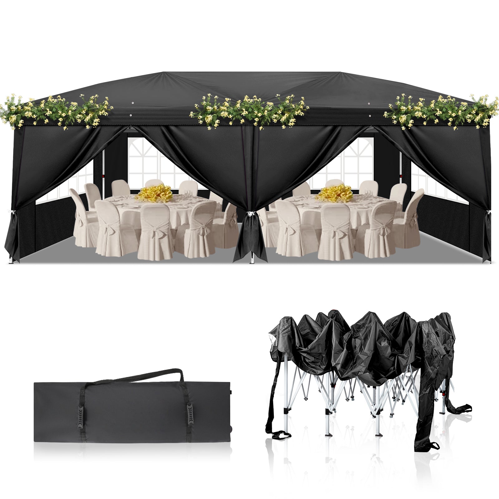 3 x 6m Four Windows Practical Waterproof Folding Tent Black