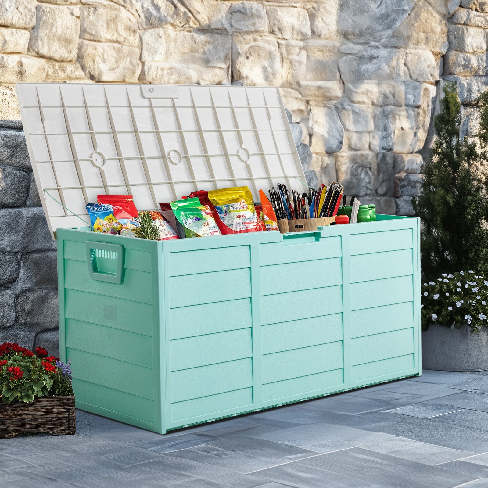 75gal 280L Outdoor Garden Plastic Storage Deck Box Chest Tools Cushions Toys Lockable Seat