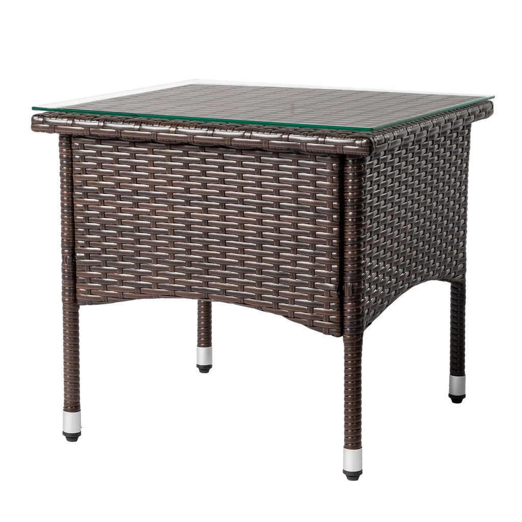 20" Patio Side Table, Outdoor Patio Wicker Square End Table, All-Weather Rattan Coffee Table w/Glass Tabletop for Backyard Deck Porch Poolside, Brown