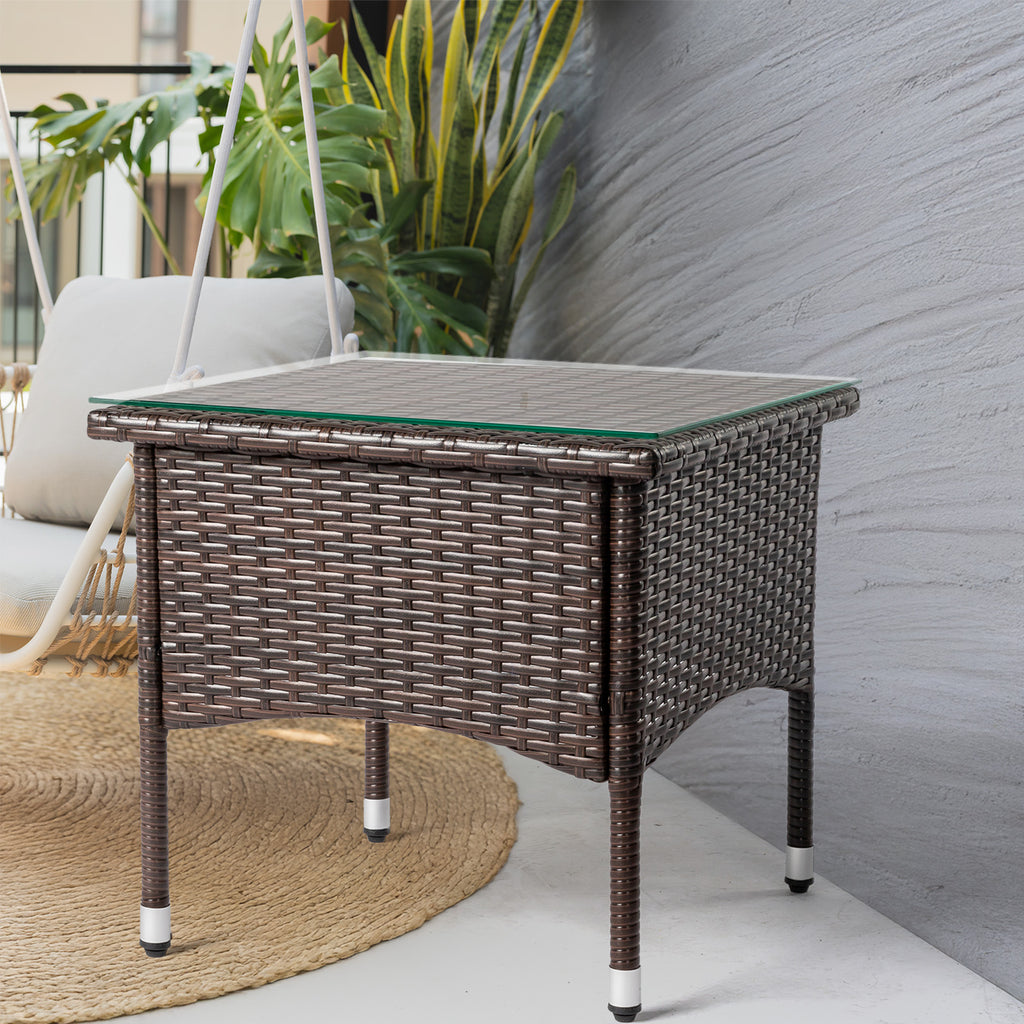 20" Patio Side Table, Outdoor Patio Wicker Square End Table, All-Weather Rattan Coffee Table w/Glass Tabletop for Backyard Deck Porch Poolside, Brown