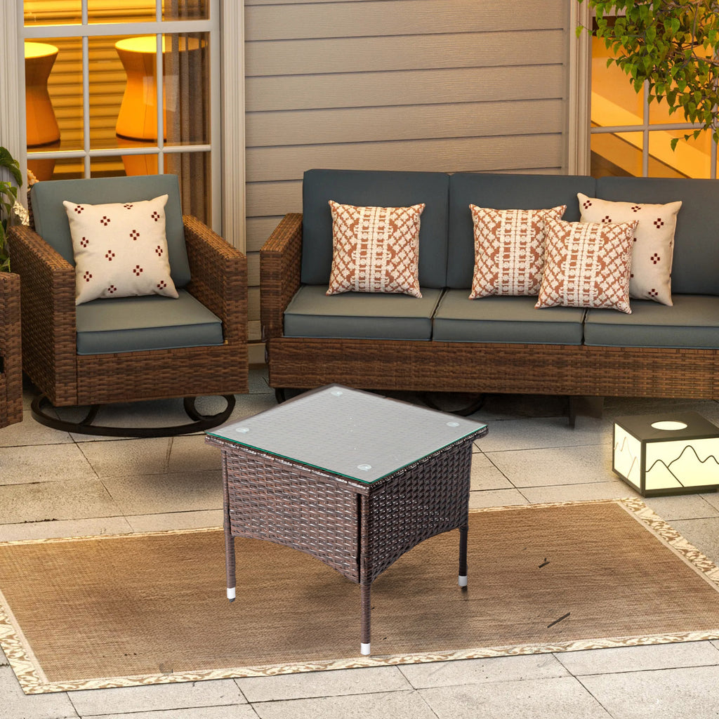 20" Patio Side Table, Outdoor Patio Wicker Square End Table, All-Weather Rattan Coffee Table w/Glass Tabletop for Backyard Deck Porch Poolside, Brown
