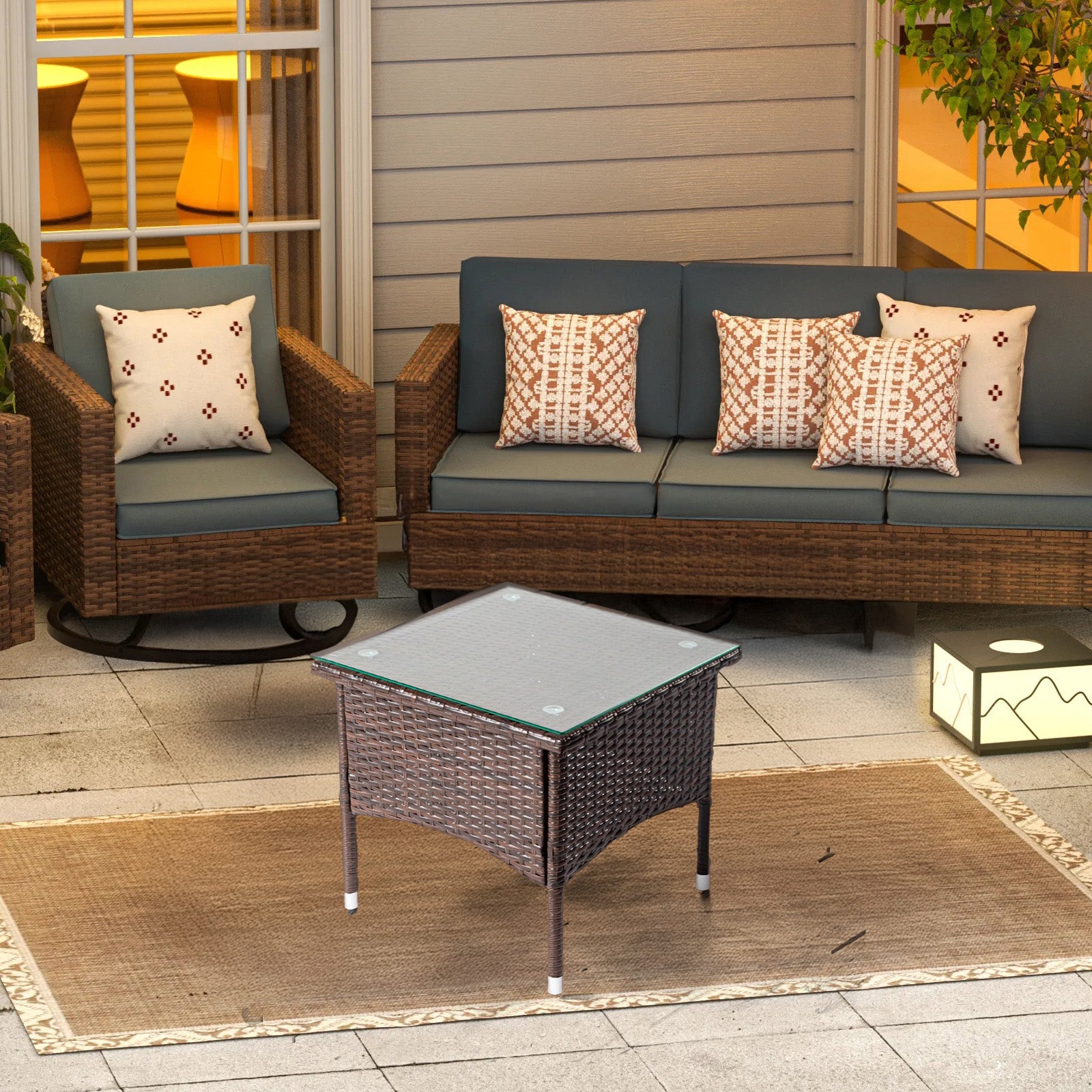 20" Patio Side Table, Outdoor Patio Wicker Square End Table, All-Weather Rattan Coffee Table w/Glass Tabletop for Backyard Deck Porch Poolside, Brown