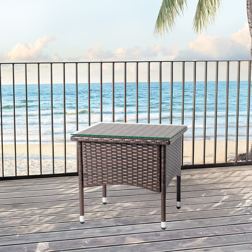 20" Patio Side Table, Outdoor Patio Wicker Square End Table, All-Weather Rattan Coffee Table w/Glass Tabletop for Backyard Deck Porch Poolside, Brown