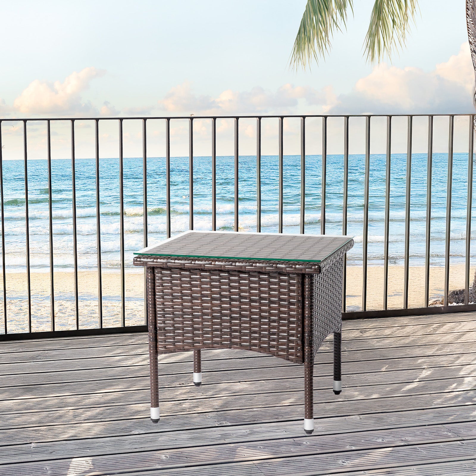 20" Patio Side Table, Outdoor Patio Wicker Square End Table, All-Weather Rattan Coffee Table w/Glass Tabletop for Backyard Deck Porch Poolside, Brown