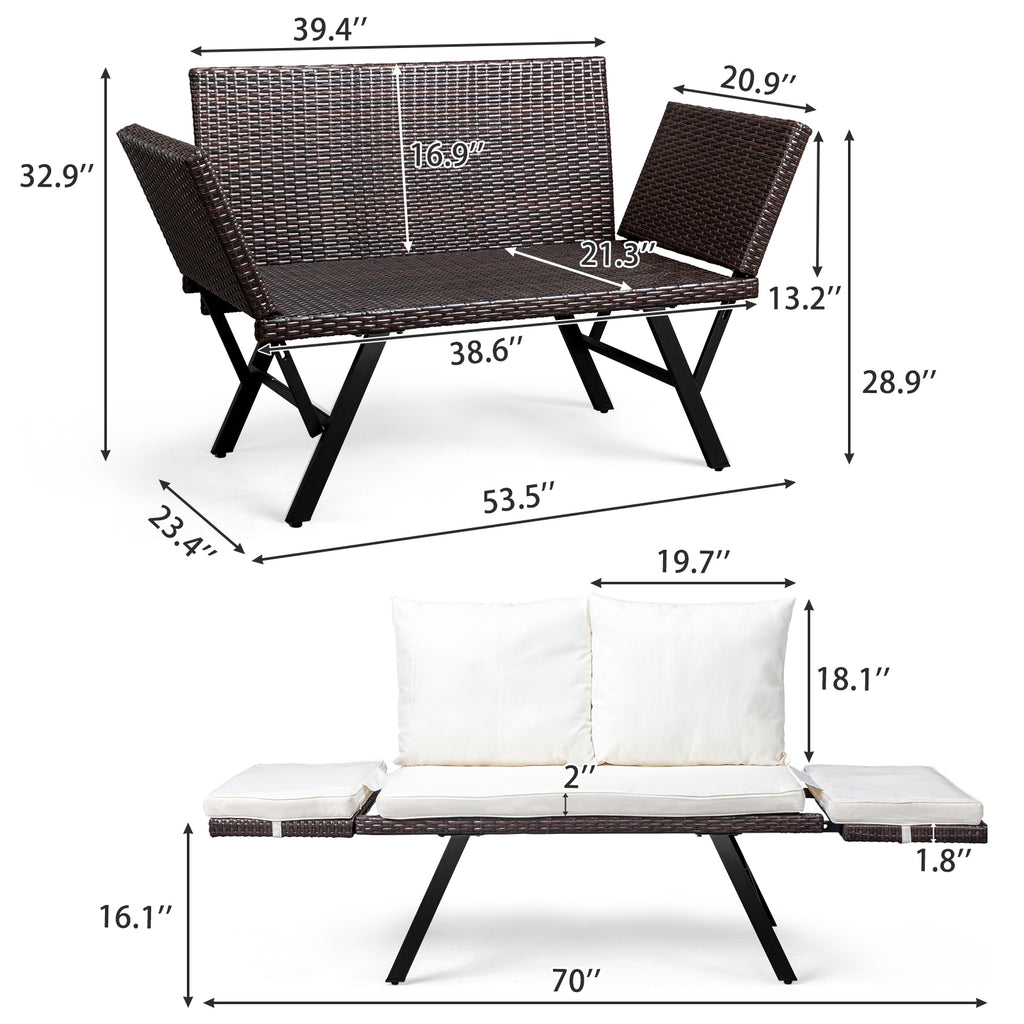 Outdoor Sofa, Woven Rattan Patio Furniture, Convertible Daybed or Double Chair with Adjustable Armrests, Cushions and Pillows for Yard Porch Pool, Gray Lounger & Beige Cushion