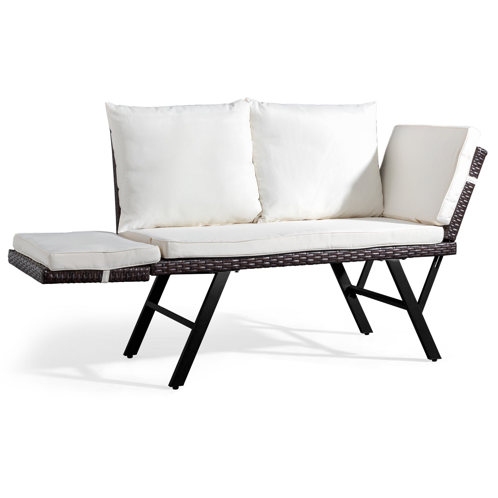 Outdoor Sofa, Woven Rattan Patio Furniture, Convertible Daybed or Double Chair with Adjustable Armrests, Cushions and Pillows for Yard Porch Pool, Gray Lounger & Beige Cushion