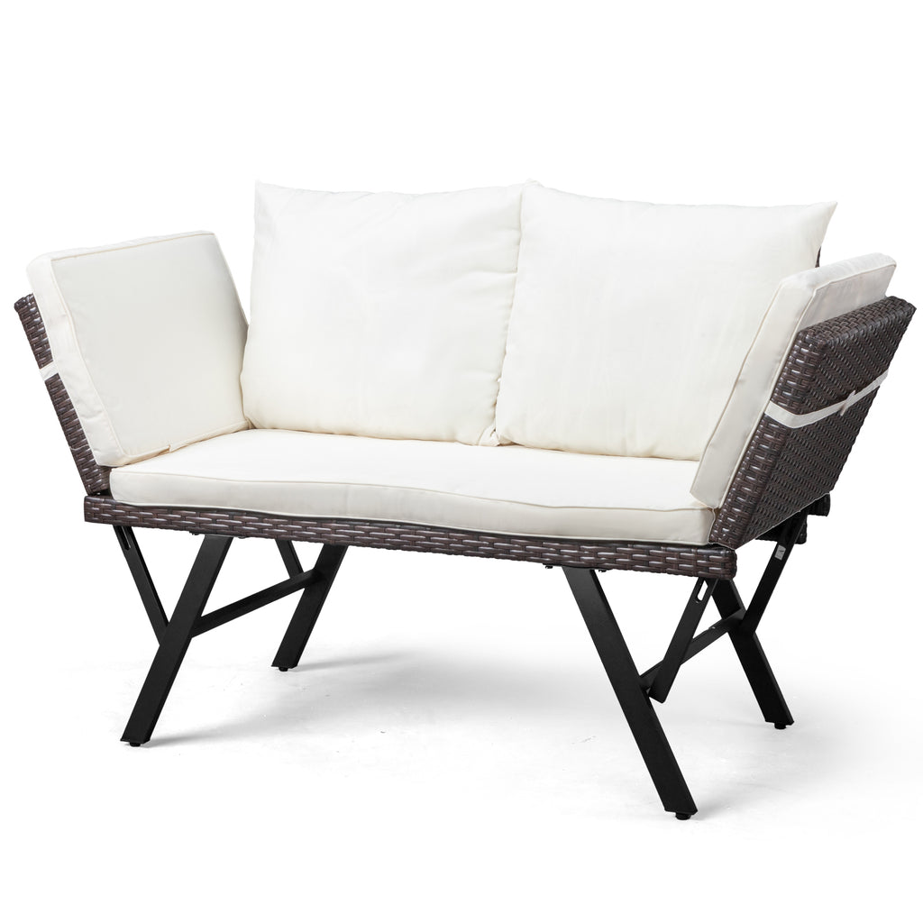 Outdoor Sofa, Woven Rattan Patio Furniture, Convertible Daybed or Double Chair with Adjustable Armrests, Cushions and Pillows for Yard Porch Pool, Gray Lounger & Beige Cushion