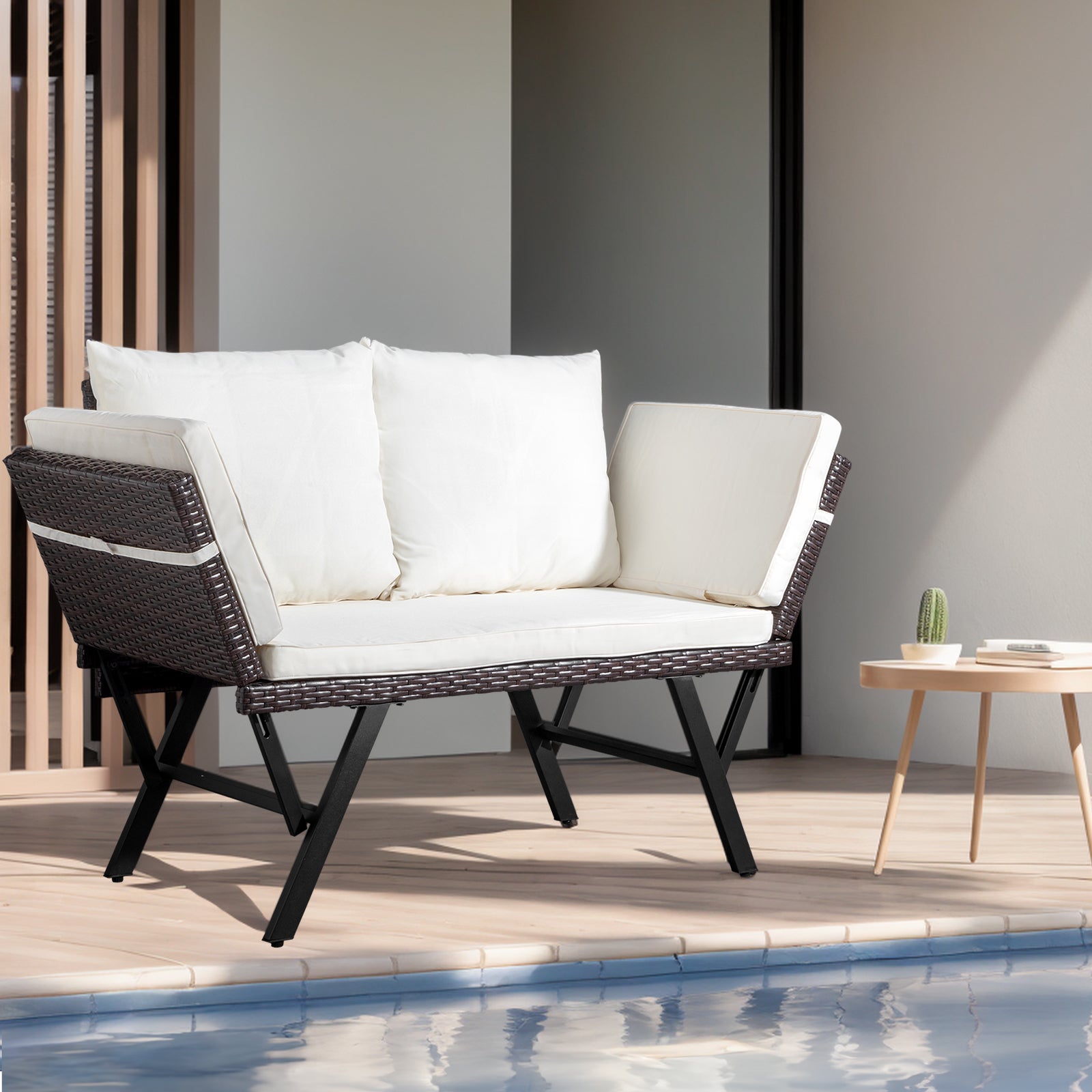 Outdoor Sofa, Woven Rattan Patio Furniture, Convertible Daybed or Double Chair with Adjustable Armrests, Cushions and Pillows for Yard Porch Pool, Gray Lounger & Beige Cushion
