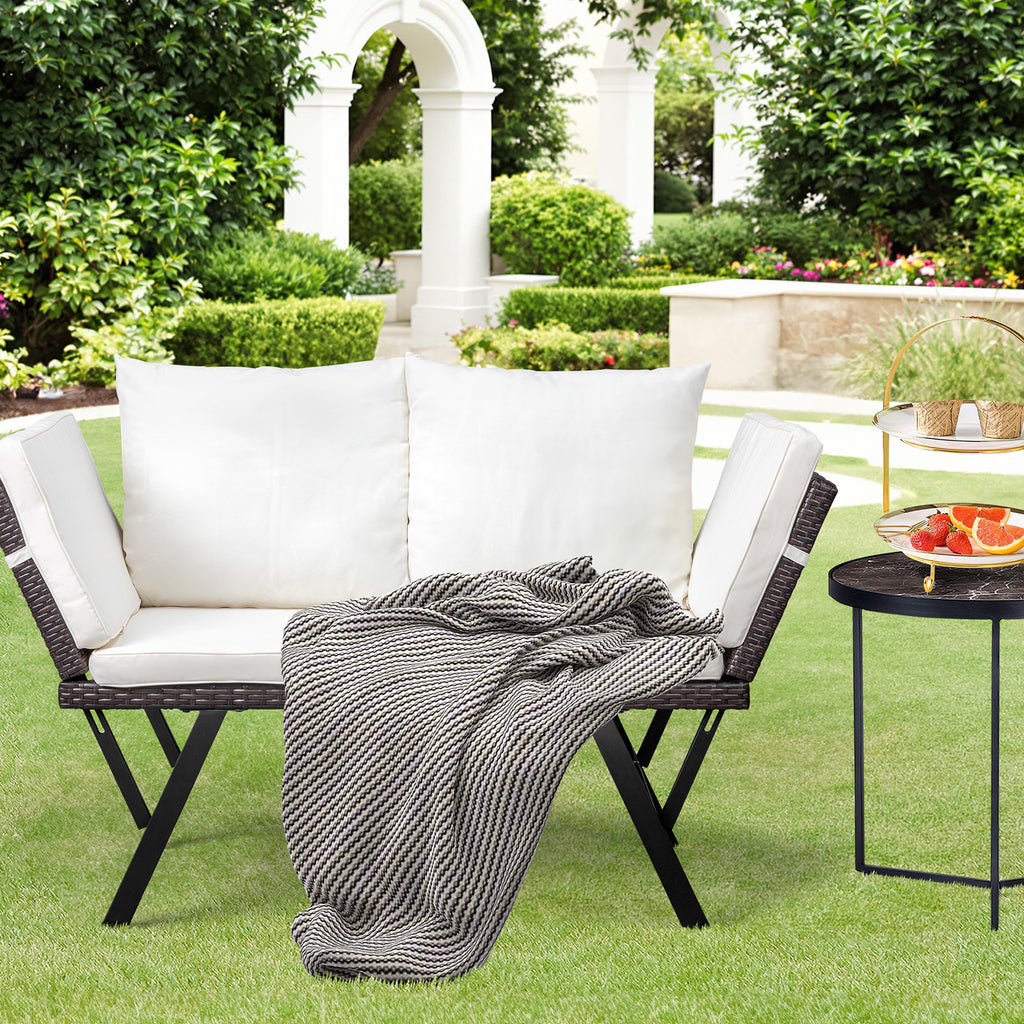 Outdoor Sofa, Woven Rattan Patio Furniture, Convertible Daybed or Double Chair with Adjustable Armrests, Cushions and Pillows for Yard Porch Pool, Gray Lounger & Beige Cushion