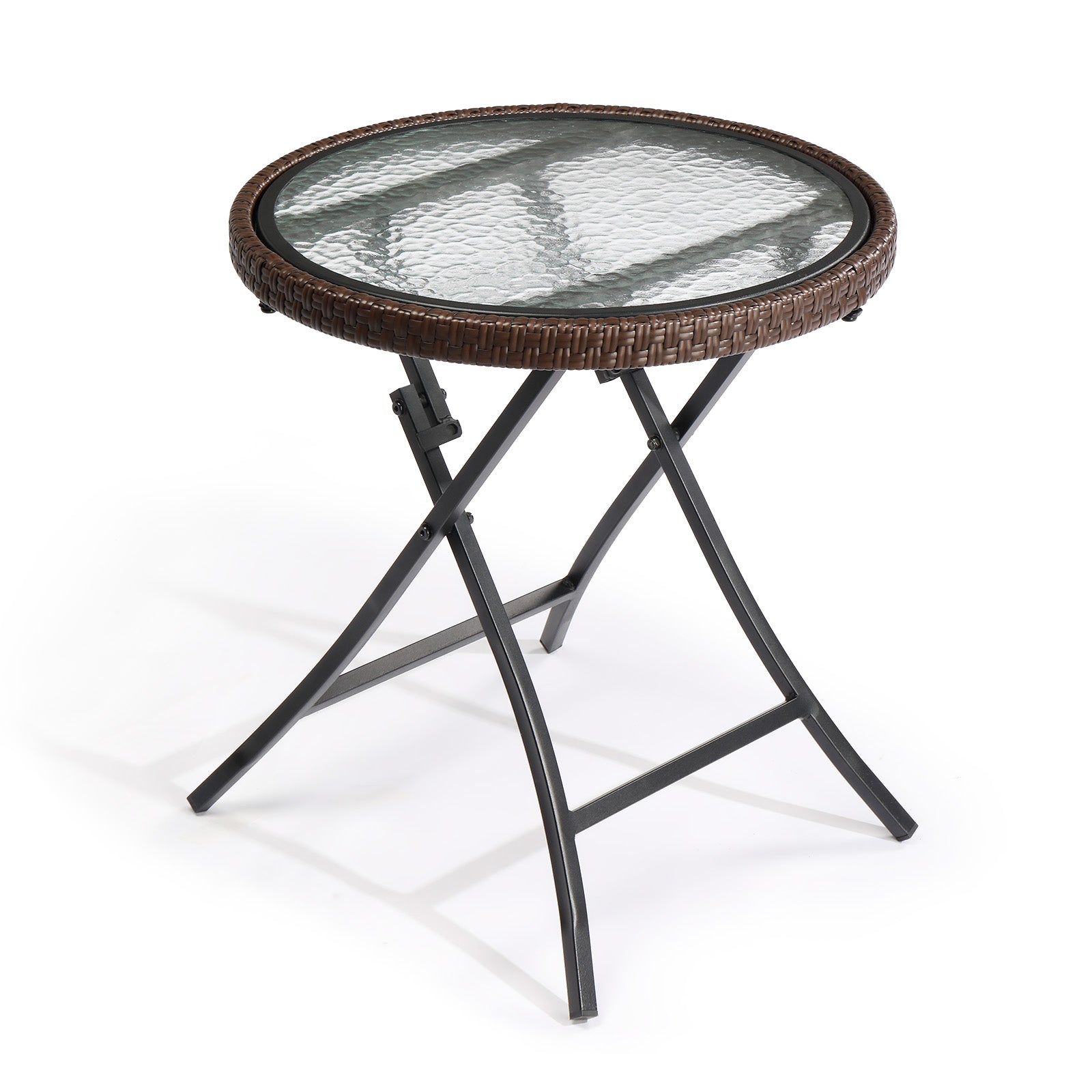 Outdoor Side Table, Round Rattan Patio Side Table, Small Foldable Wicker Table with Tempered Glass Table Top for Lawn Garden Balcony Porch Deck Pool, Brown(SAME AS17706490