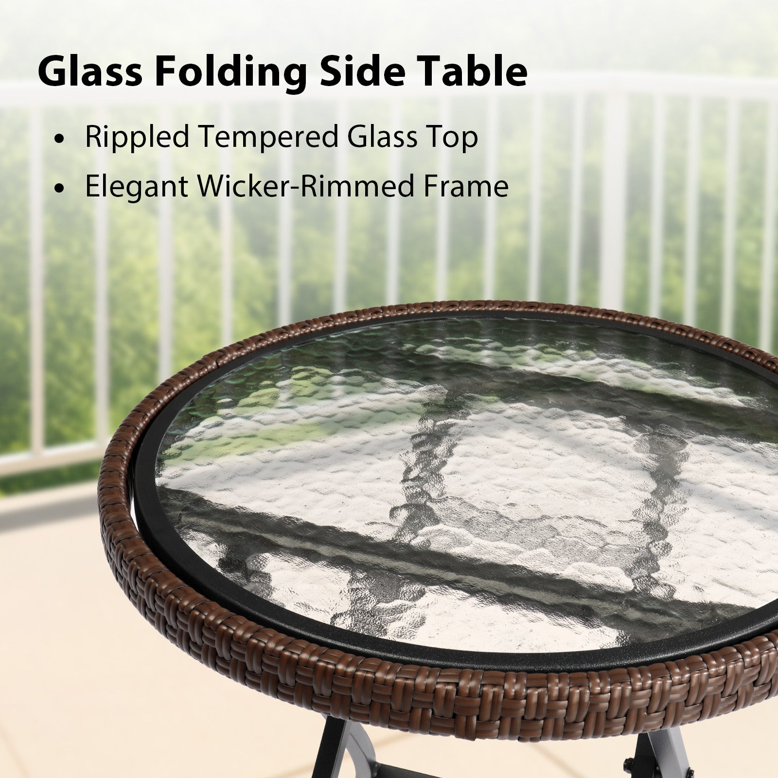 Outdoor Side Table, Round Rattan Patio Side Table, Small Foldable Wicker Table with Tempered Glass Table Top for Lawn Garden Balcony Porch Deck Pool, Brown(SAME AS17706490
