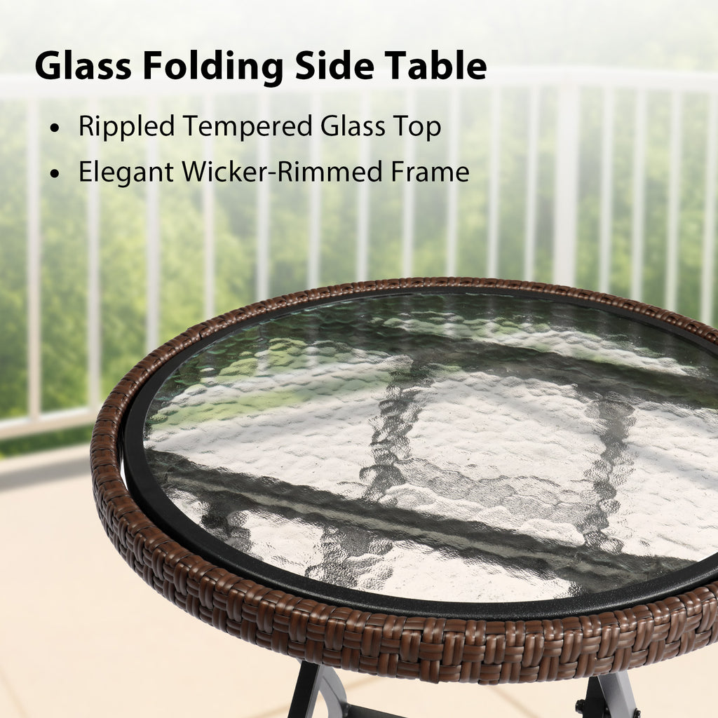 Outdoor Side Table, Round Rattan Patio Side Table, Small Foldable Wicker Table with Tempered Glass Table Top for Lawn Garden Balcony Porch Deck Pool, Brown(SAME AS17706490