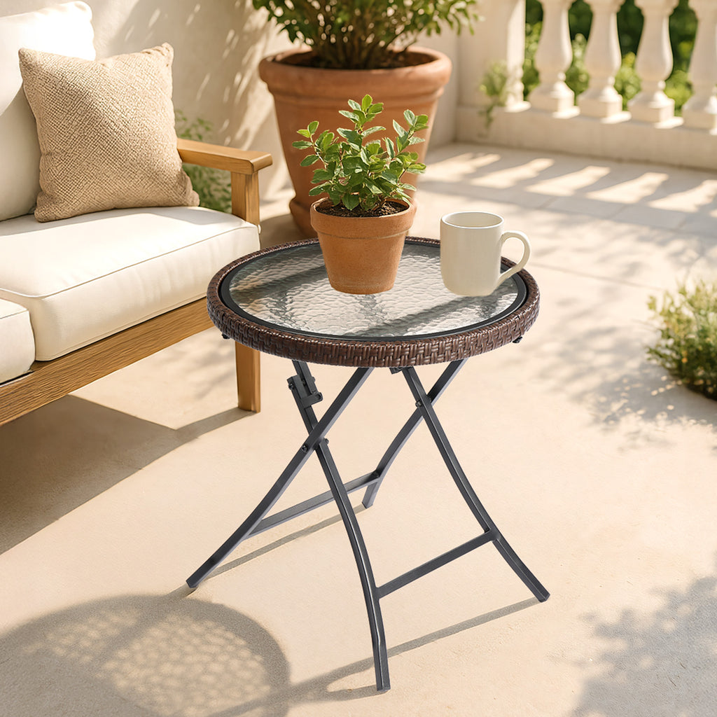 Outdoor Side Table, Round Rattan Patio Side Table, Small Foldable Wicker Table with Tempered Glass Table Top for Lawn Garden Balcony Porch Deck Pool, Brown(SAME AS17706490