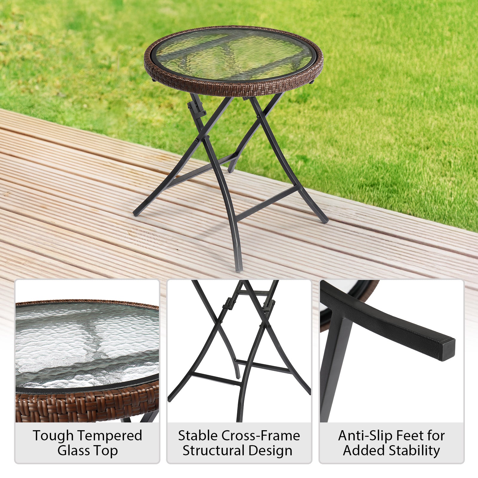 Outdoor Side Table, Round Rattan Patio Side Table, Small Foldable Wicker Table with Tempered Glass Table Top for Lawn Garden Balcony Porch Deck Pool, Brown(SAME AS17706490