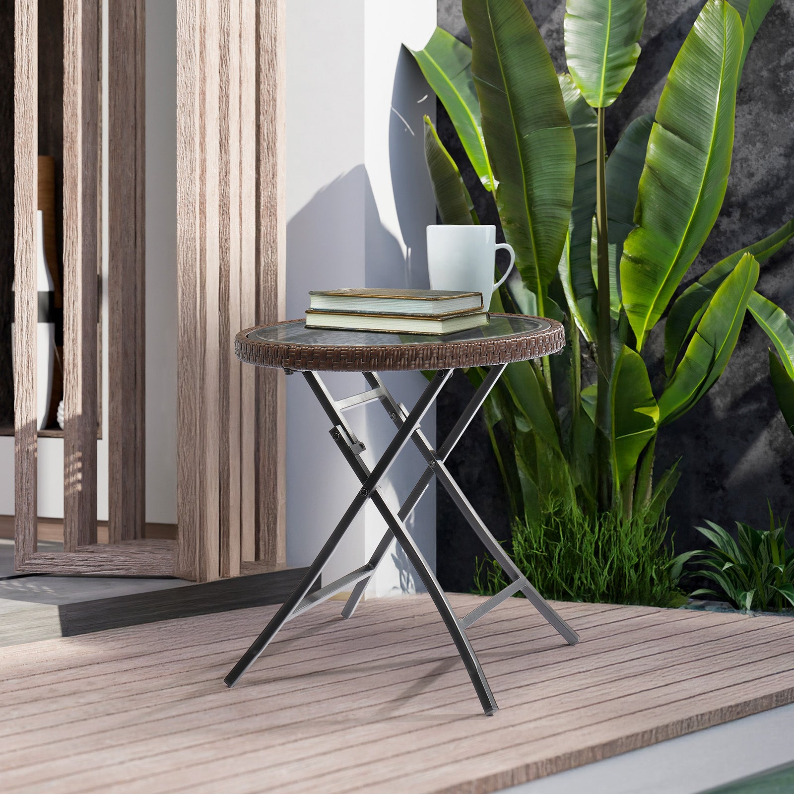 Outdoor Side Table, Round Rattan Patio Side Table, Small Foldable Wicker Table with Tempered Glass Table Top for Lawn Garden Balcony Porch Deck Pool, Brown(SAME AS17706490