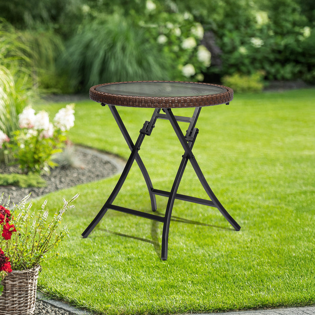 Outdoor Side Table, Round Rattan Patio Side Table, Small Foldable Wicker Table with Tempered Glass Table Top for Lawn Garden Balcony Porch Deck Pool, Brown(SAME AS17706490