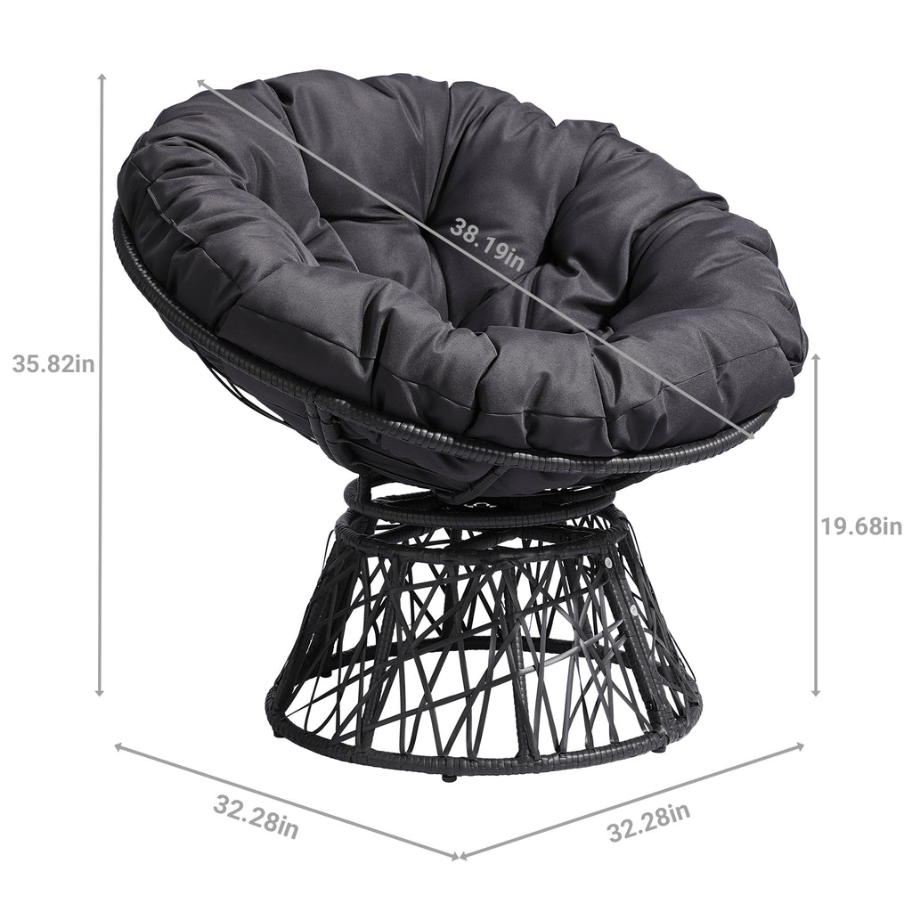 38" Ergonomic Swivel Wicker Papasan Chair with Thick Tufted Cushions, 360 Degree Rotatable Chairs for Living Room Bedroom Reading Room, Gray Cushion
