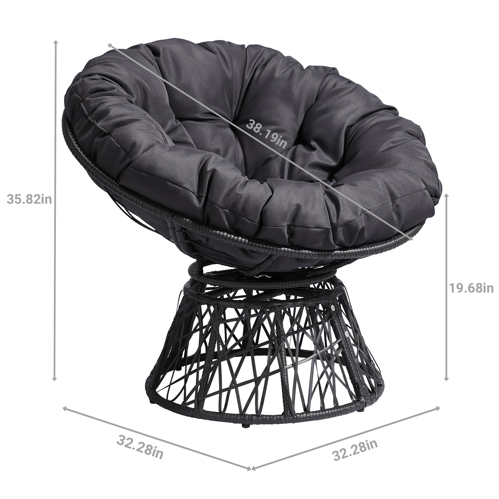 38" Ergonomic Swivel Wicker Papasan Chair with Thick Tufted Cushions, 360 Degree Rotatable Chairs for Living Room Bedroom Reading Room, Gray Cushion